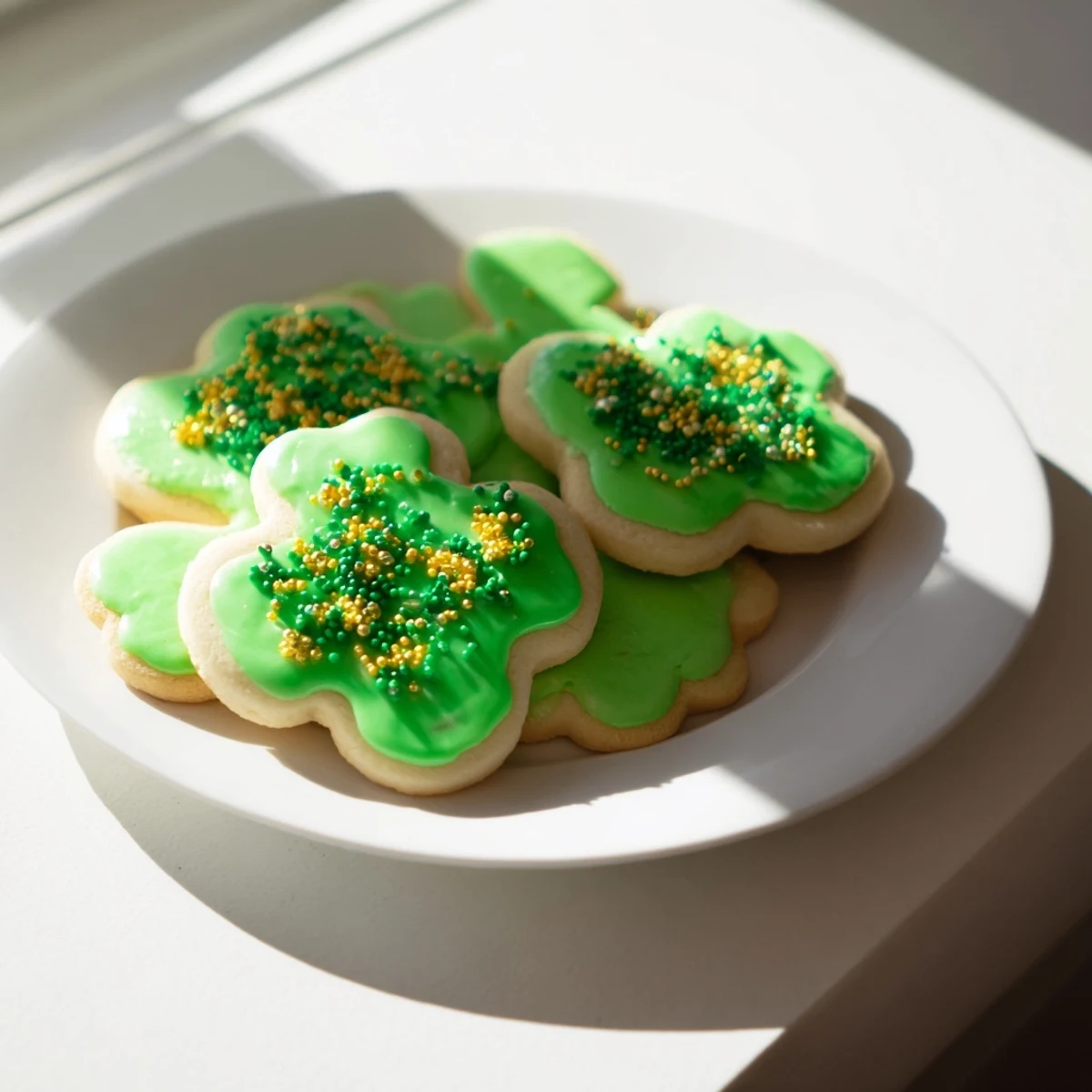 Festive St. Patricks Day sugar cookies topped with vibrant green icing and gold sprinkles on a white plate