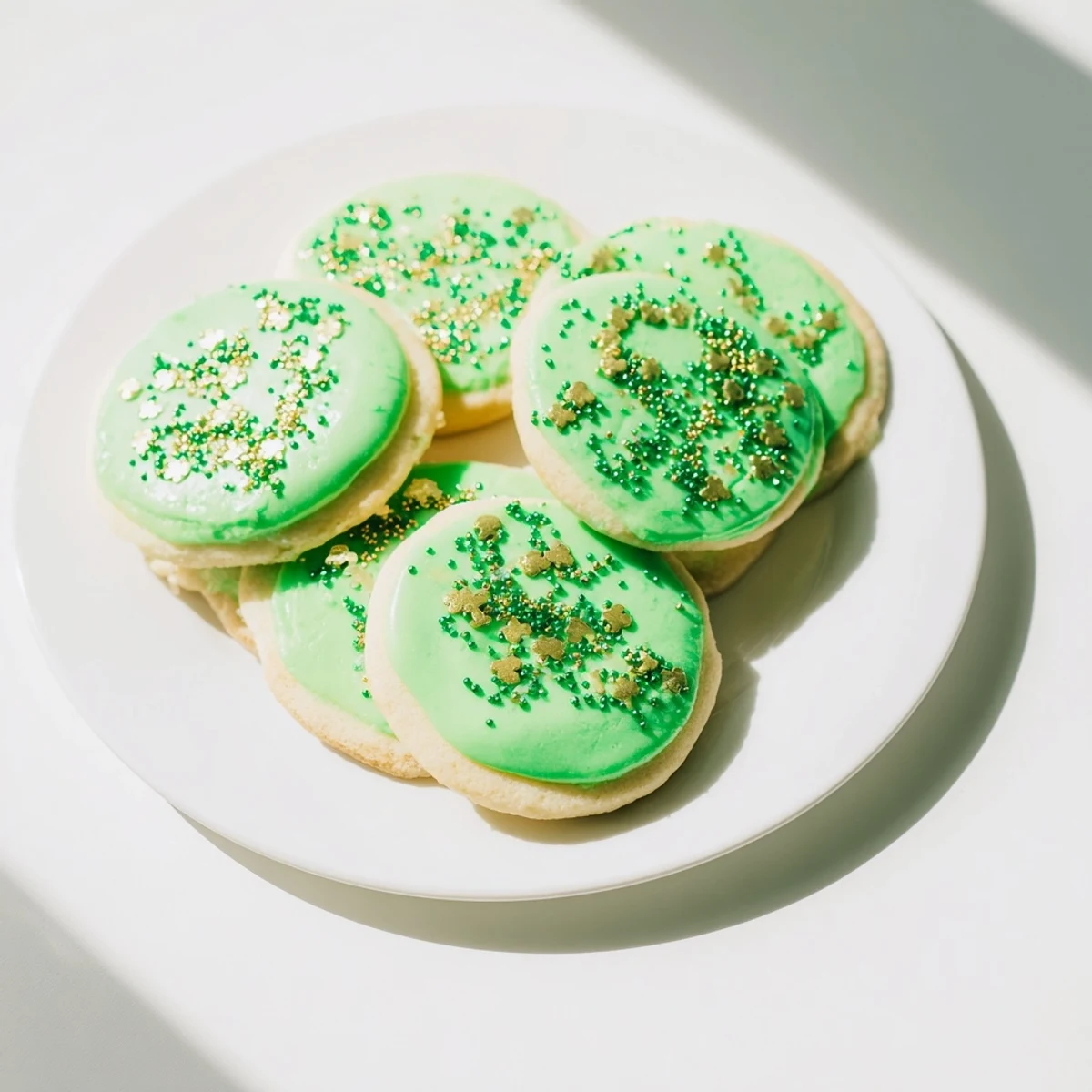 Batch of freshly baked St. Patricks Day sugar cookies with emerald green glaze and sparkling St. Patricks Day themed decorations