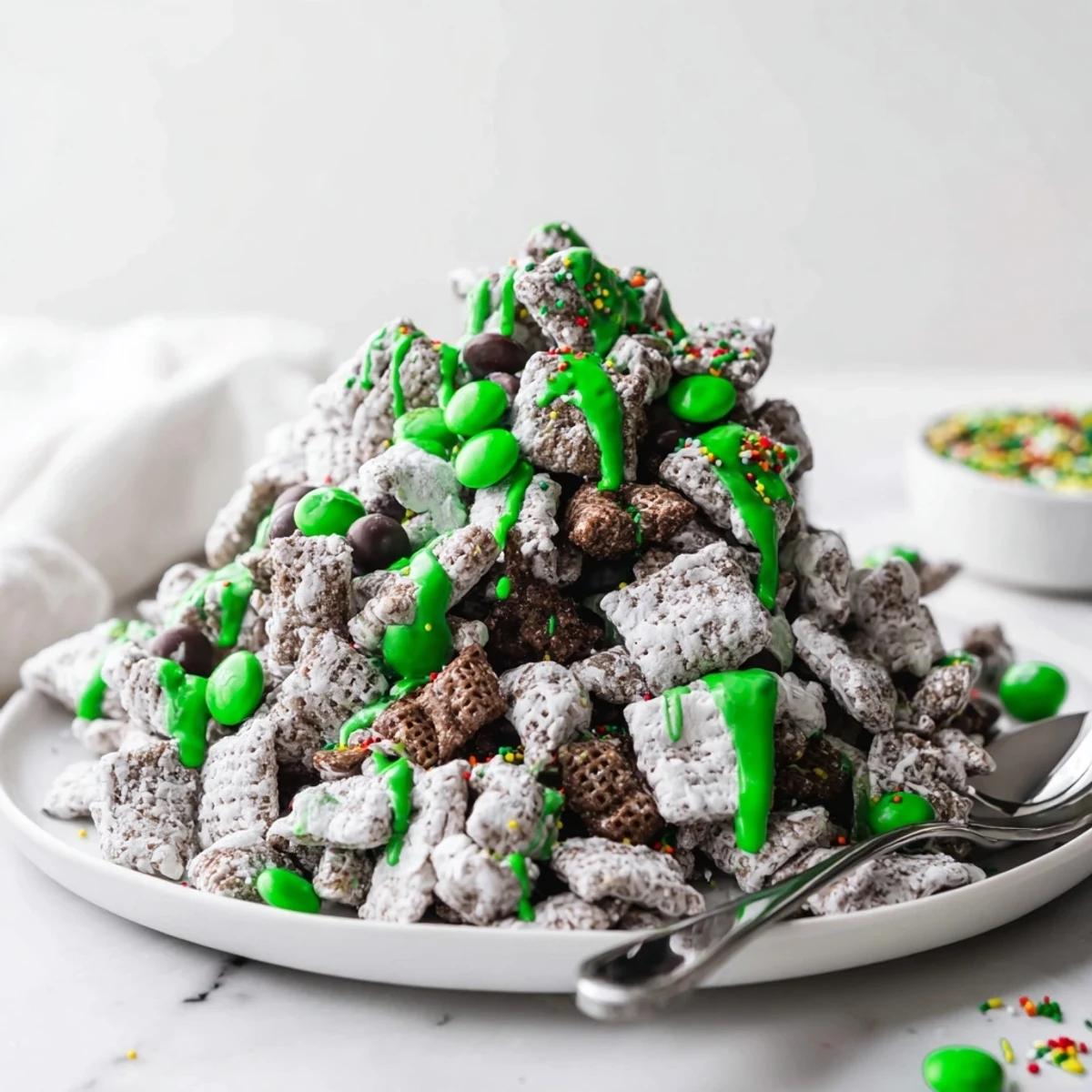 Green and gold sprinkled puppy chow recipe arranged on a festive St. Patricks Day platter