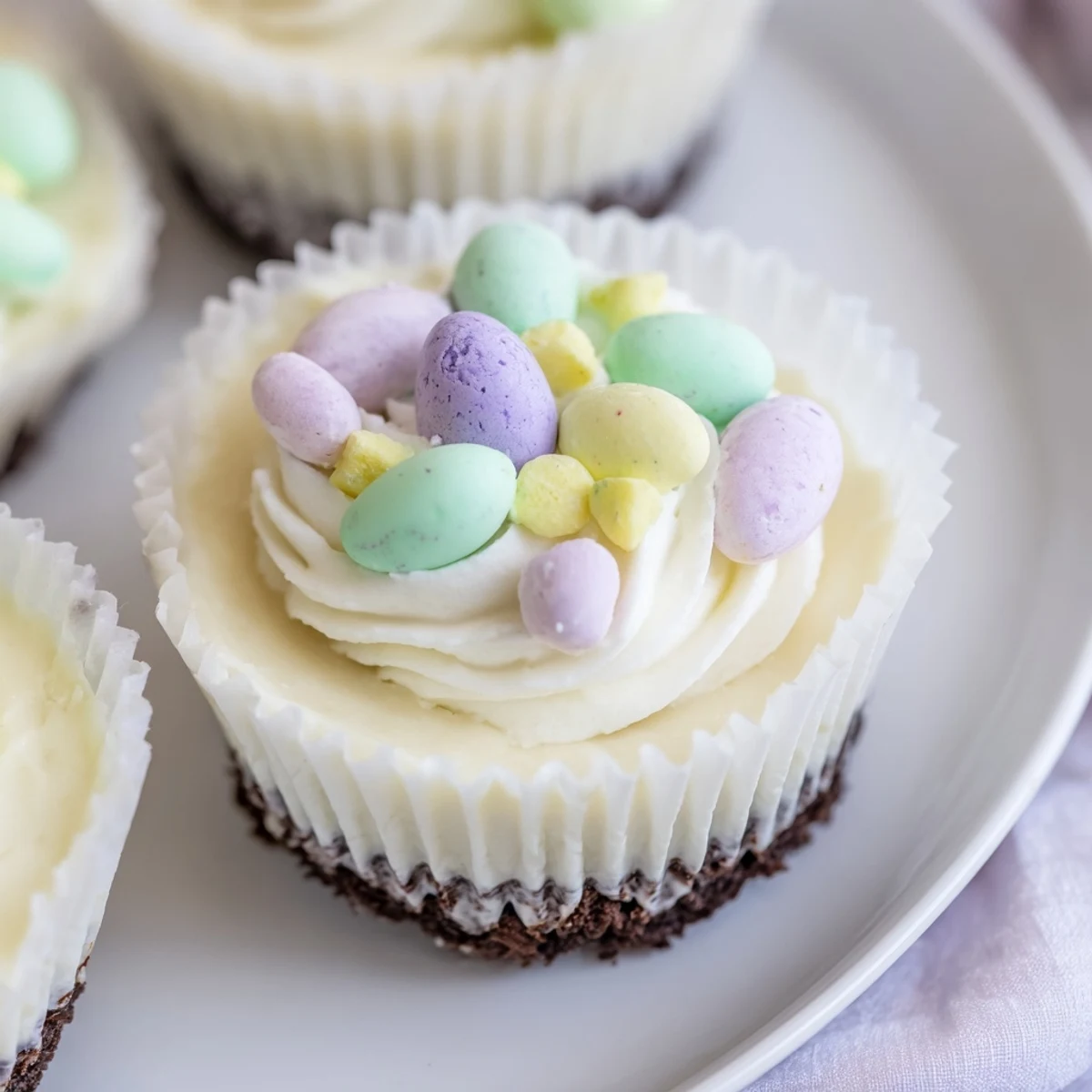 Creamy Easter Cadbury Mini Cheesecakes decorated with pastel candy eggs and fluffy white whipped cream topping