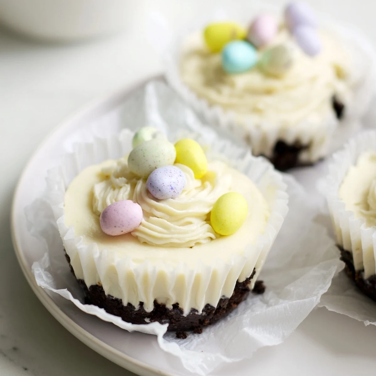 Chocolate crusted mini cheesecakes garnished with chopped Cadbury Mini Eggs for a festive spring dessert presentation