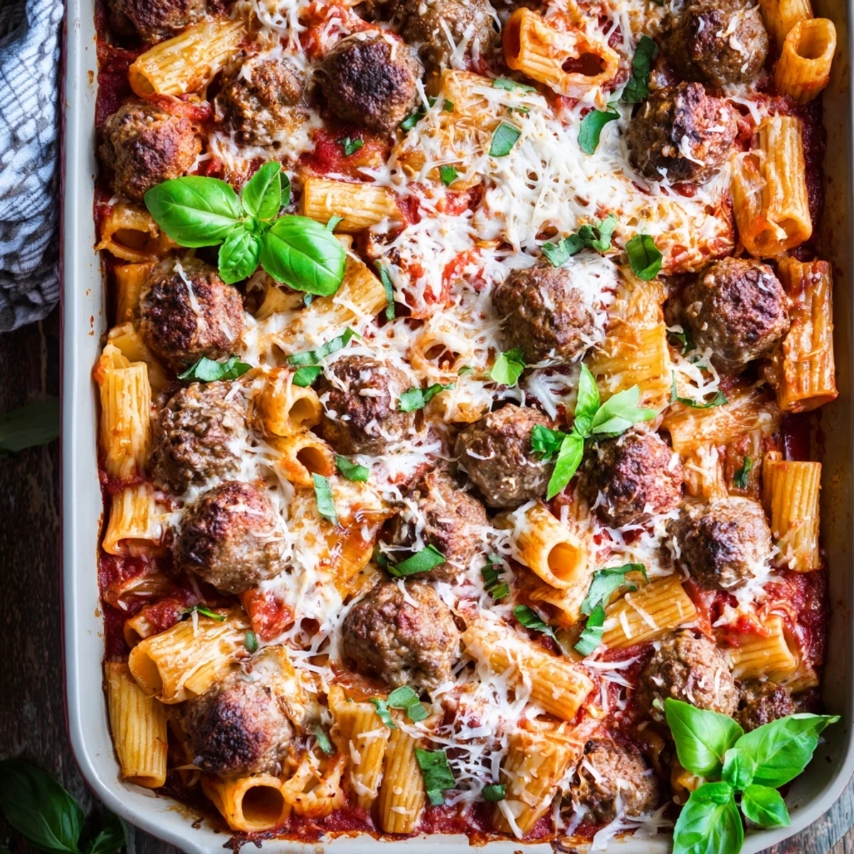 Golden brown Italian meatball pasta bake with bubbling mozzarella and fresh basil garnish