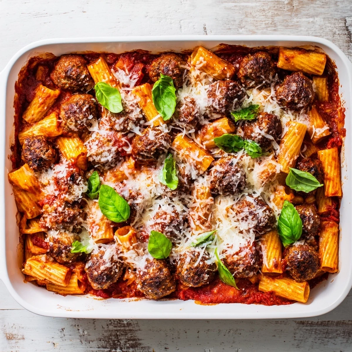Comforting Italian meatball pasta bake featuring tender beef meatballs nestled in cheesy penne