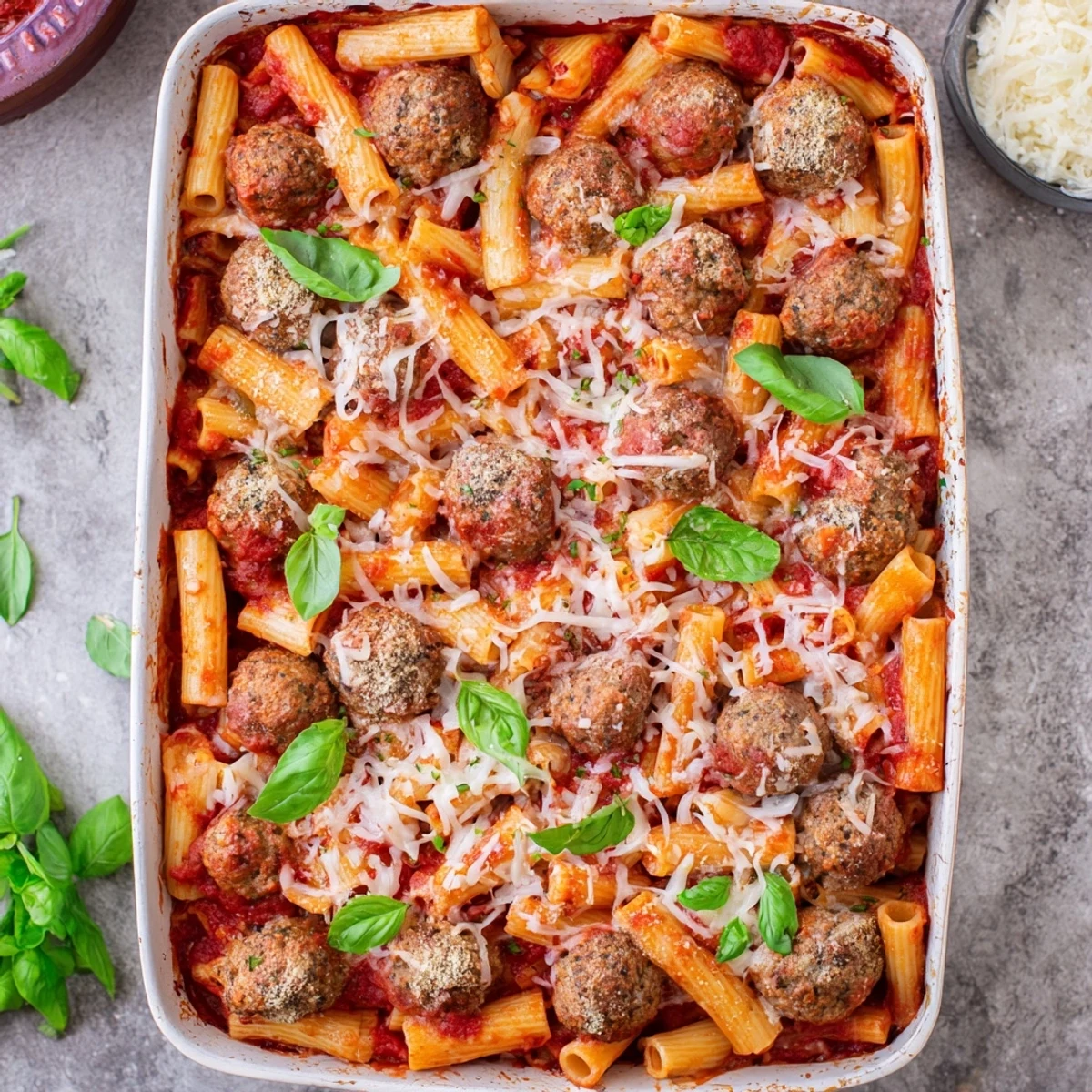 Bubbling Italian meatball pasta bake fresh from the oven with melted mozzarella cheese layer