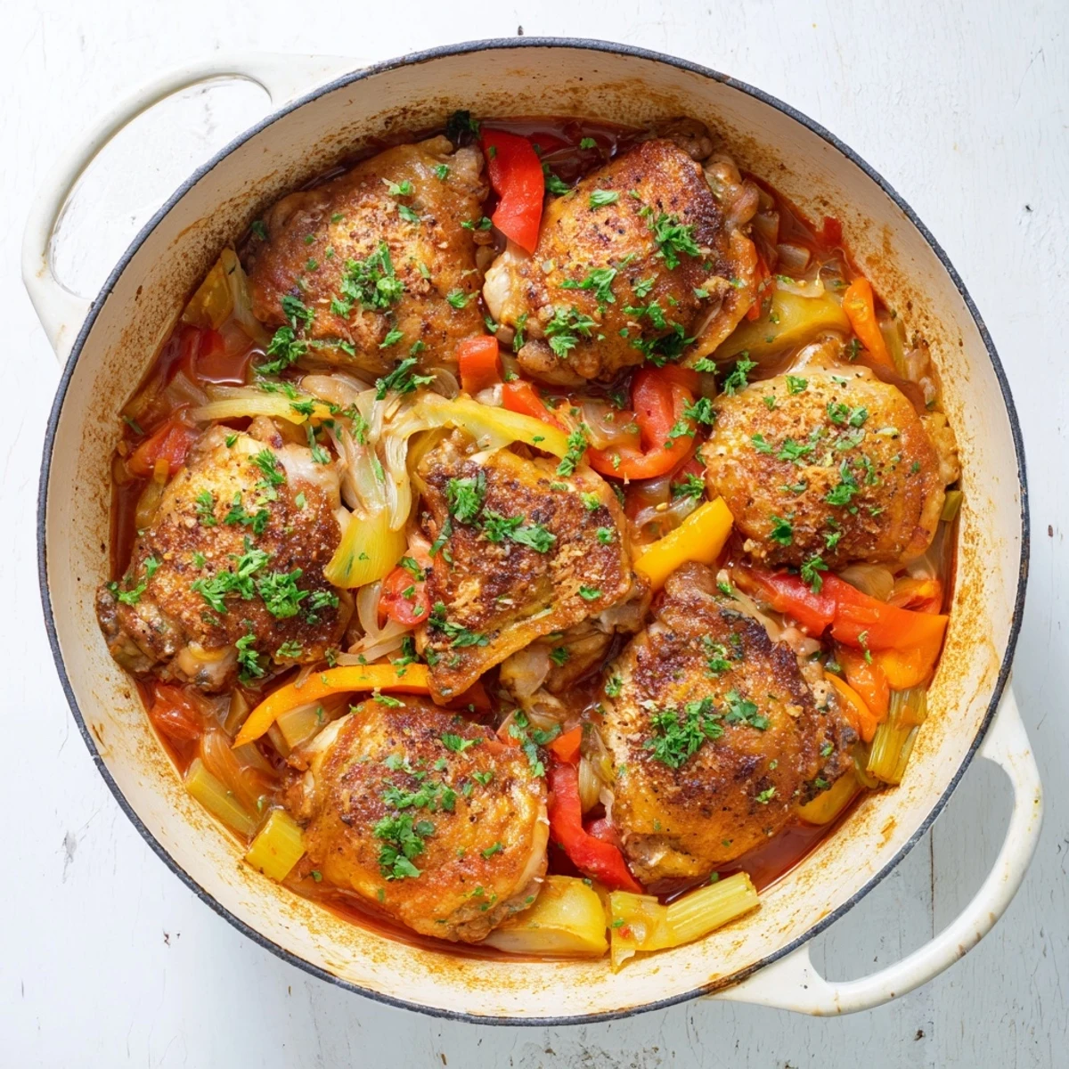 Golden brown chicken thighs simmering in Italian braised one pot chicken with colorful vegetables