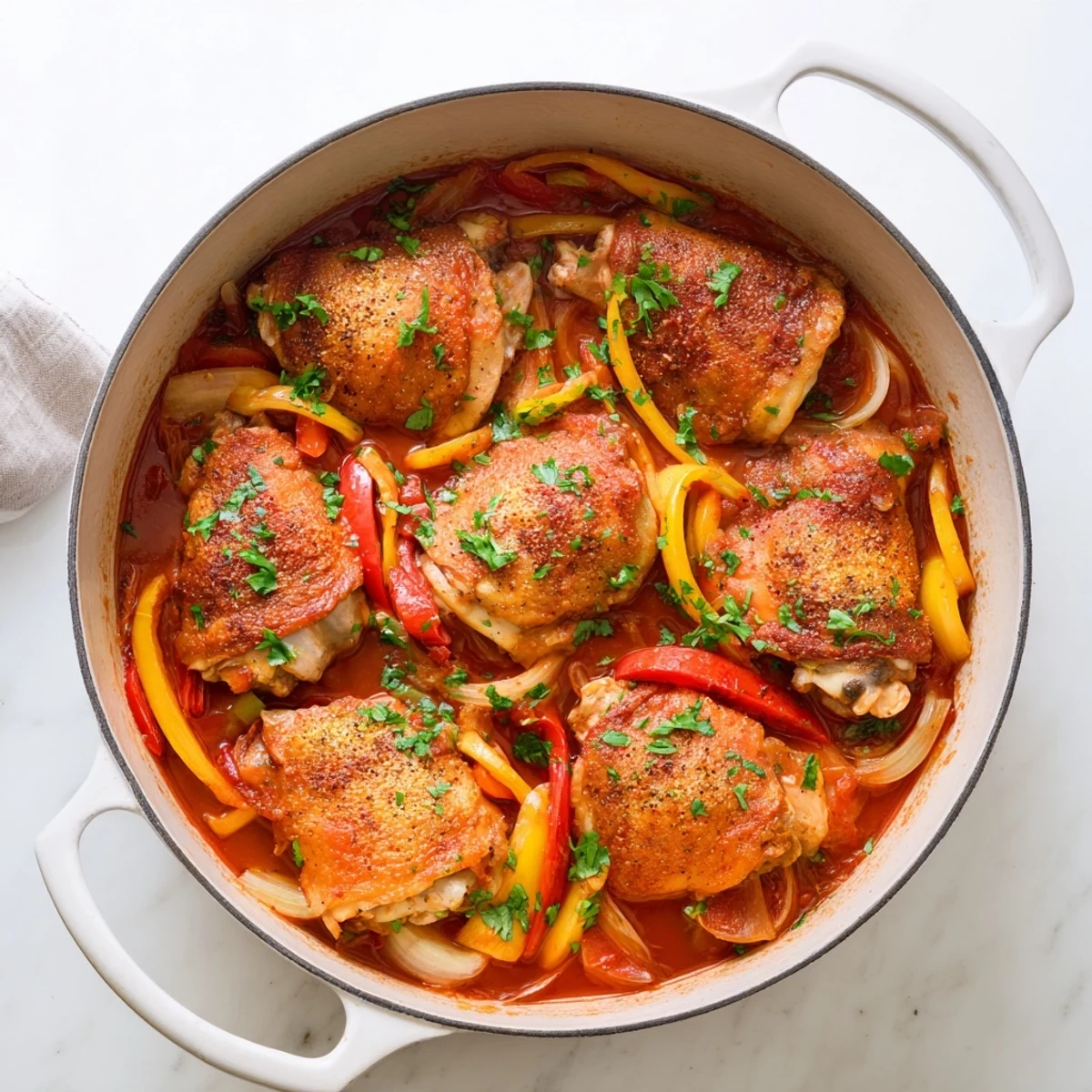 Savory Italian braised one pot chicken featuring moist chicken thighs in a herb-infused tomato broth