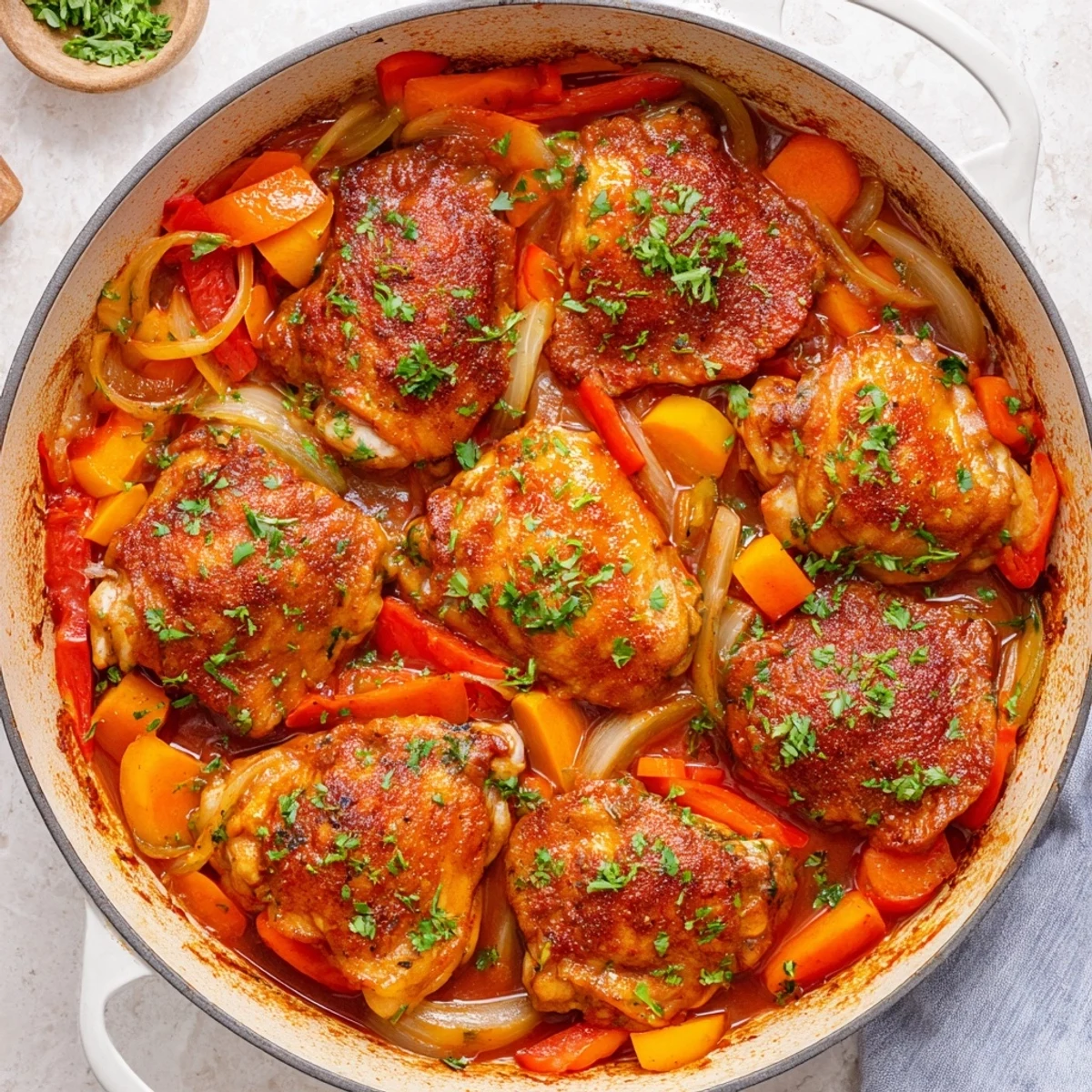 Tender chicken resting in rich tomato sauce for this comforting Italian braised one pot chicken
