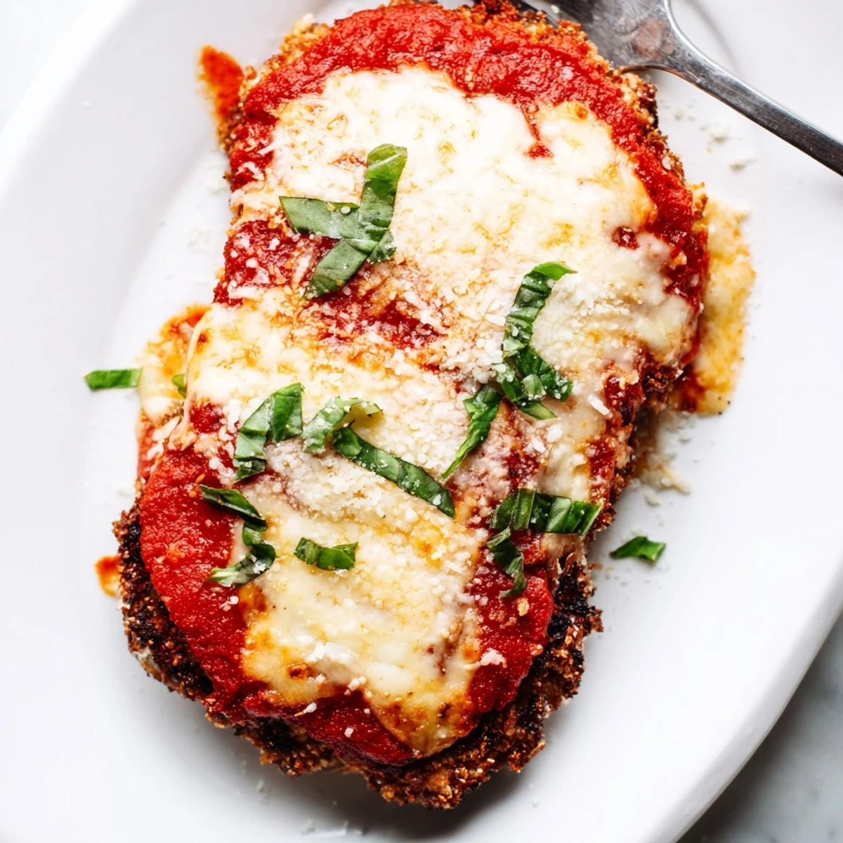 Golden brown low carb chicken Parmigiana with bubbling melted mozzarella and vibrant red marinara sauce on a white ceramic baking dish