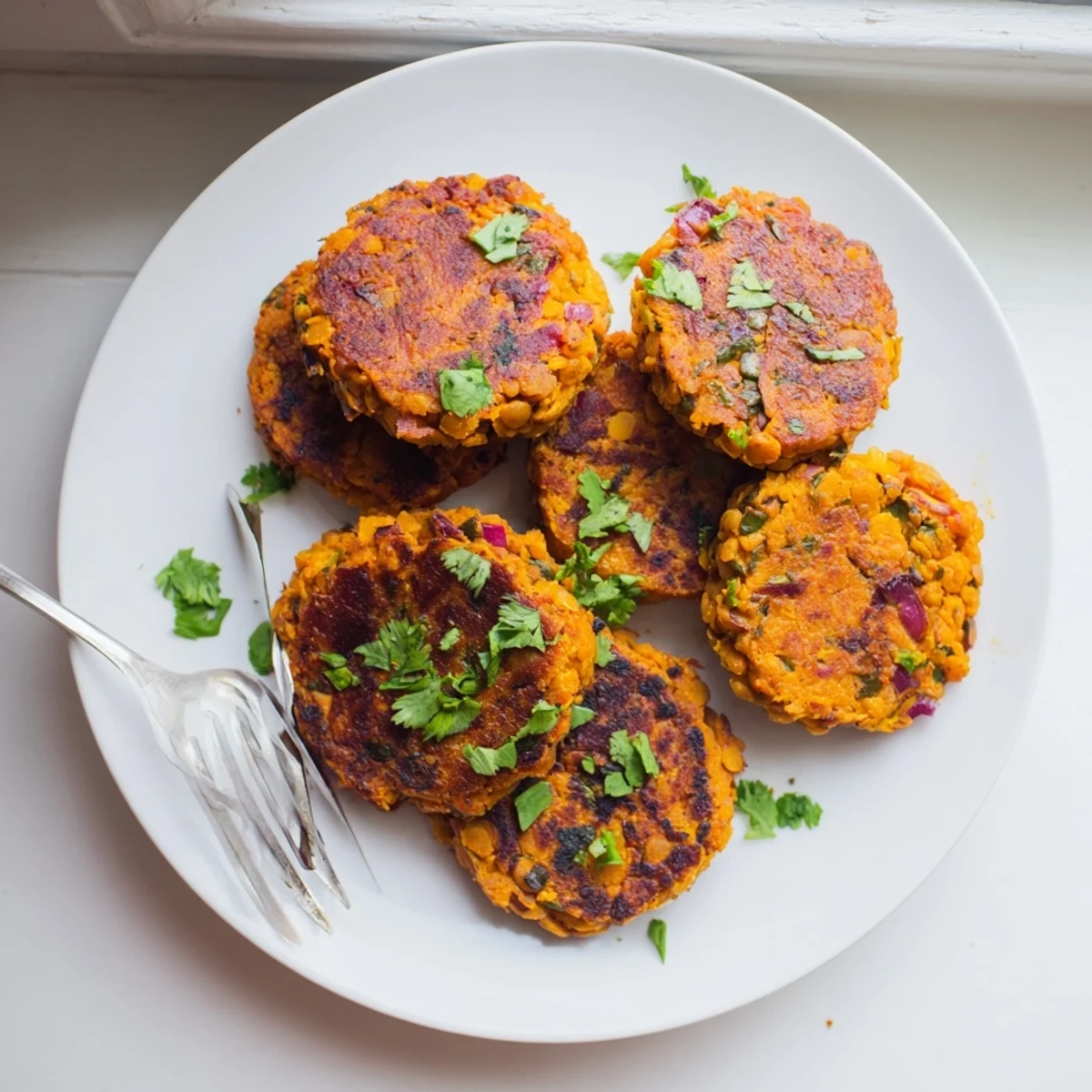 Golden brown sweet potato patties with lentils served on a white plate with fresh herbs