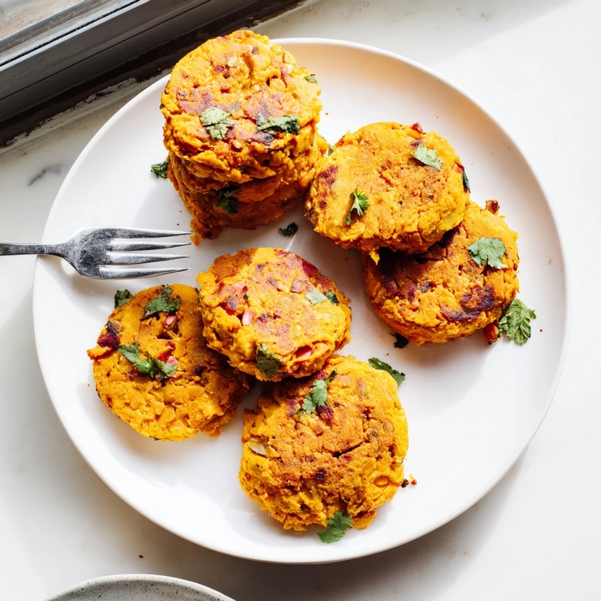 Crispy fried sweet potato lentil patties arranged on a wooden board with dipping sauce