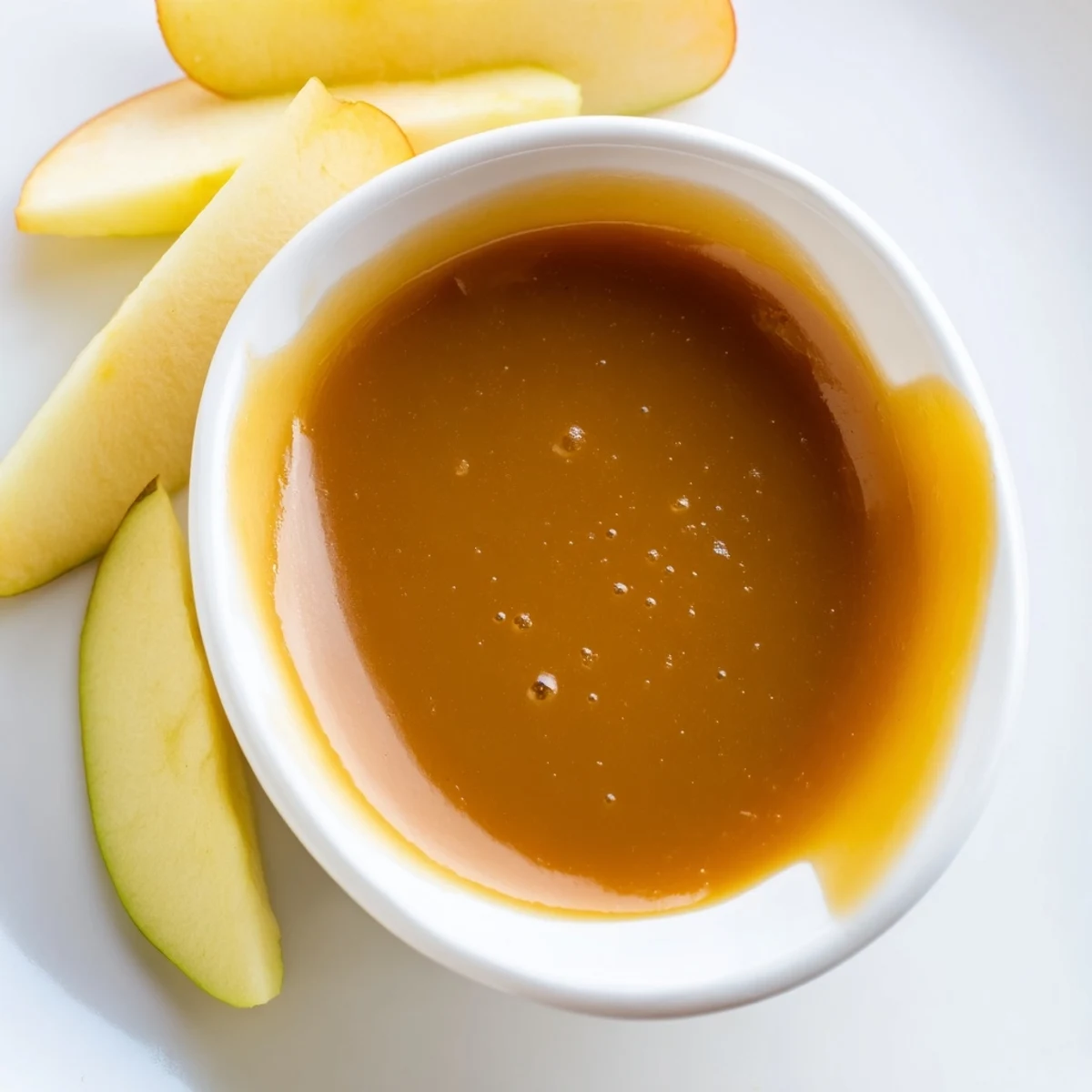 Golden easy caramel sauce being poured slowly from a glass jar onto vanilla ice cream