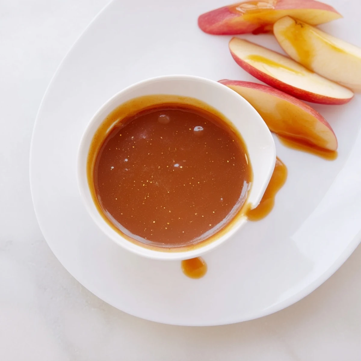 Rich amber easy caramel sauce drizzled over warm apple pie with melted pools