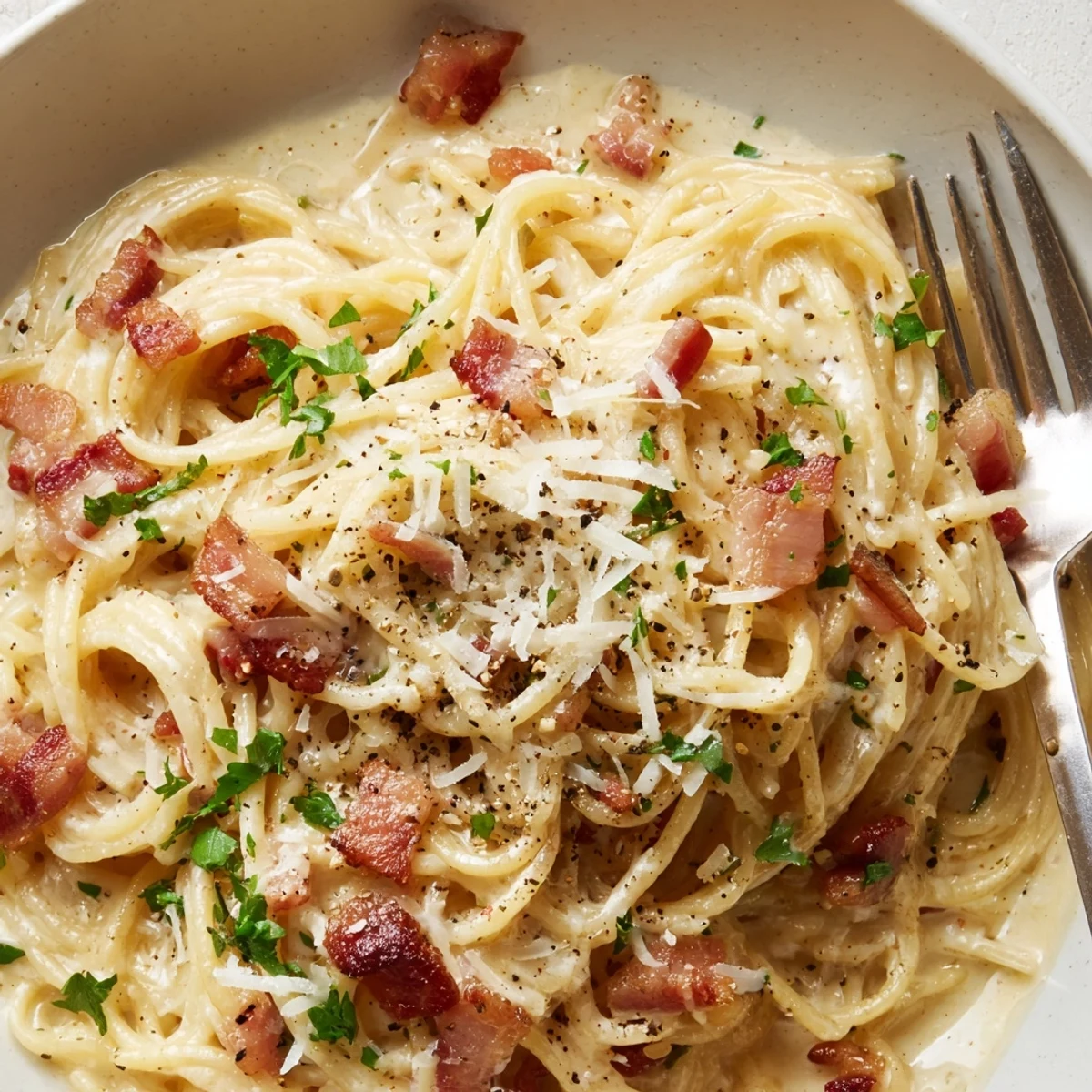 Twirled ramen carbonara noodles coated in silky egg parmesan sauce with rendered bacon fat