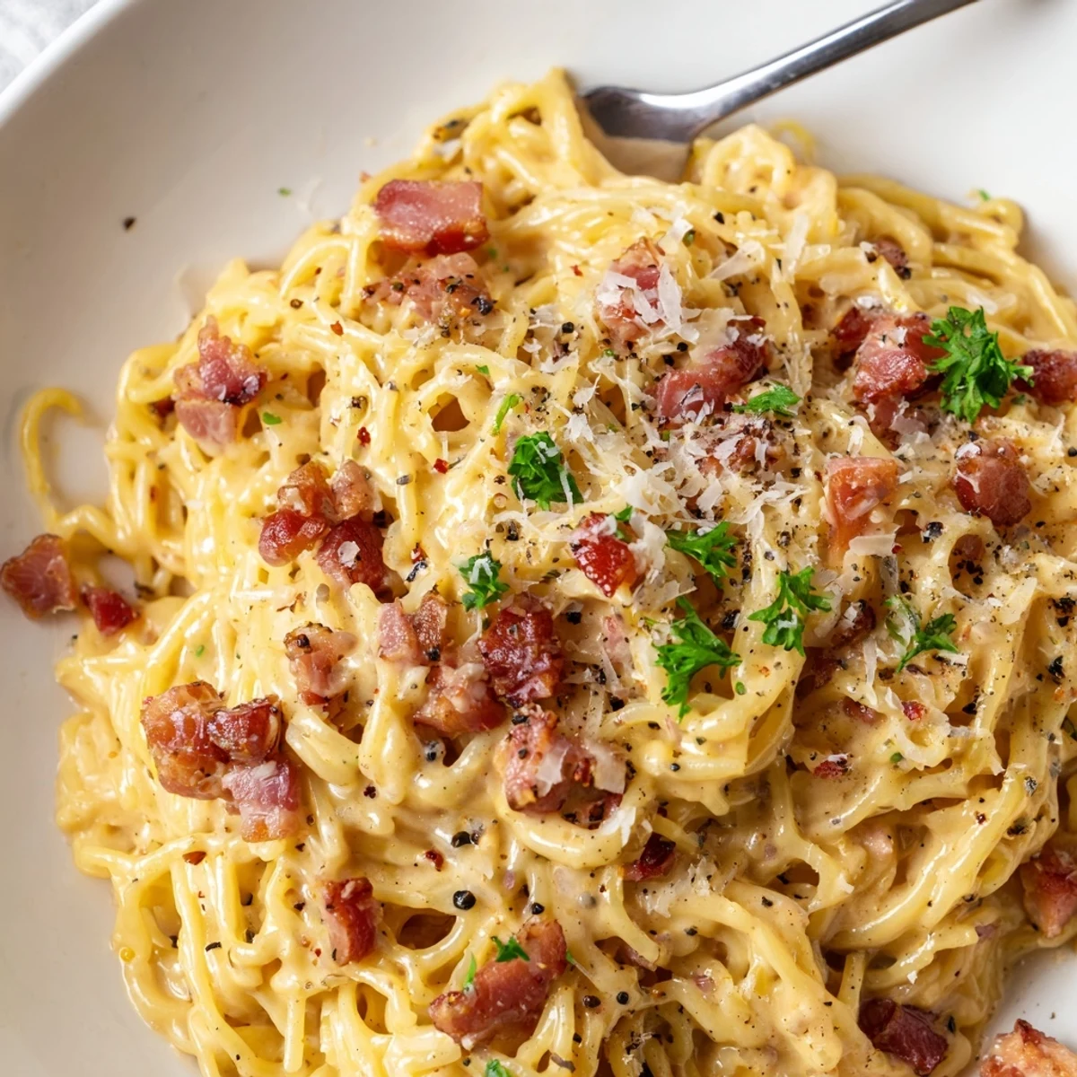Steamy ramen carbonara plated with golden egg sauce, parmesan shavings, and crunchy pancetta pieces