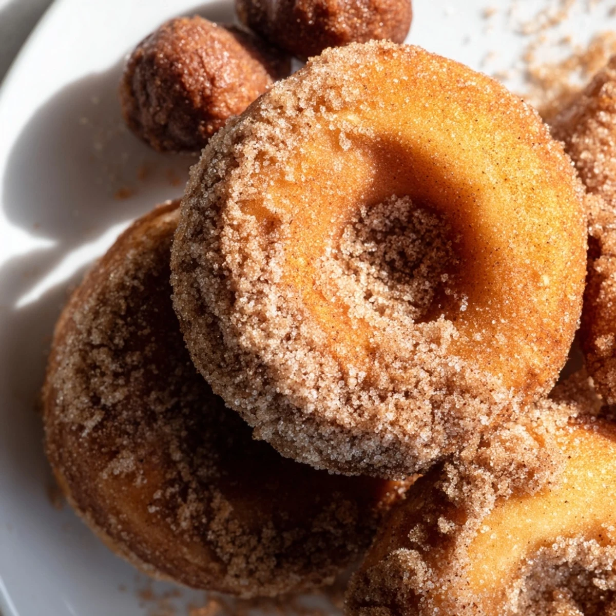 Stack of pillowy pumpkin spice biscuit donuts tossed in sweet cinnamon coating, ready for fall breakfast