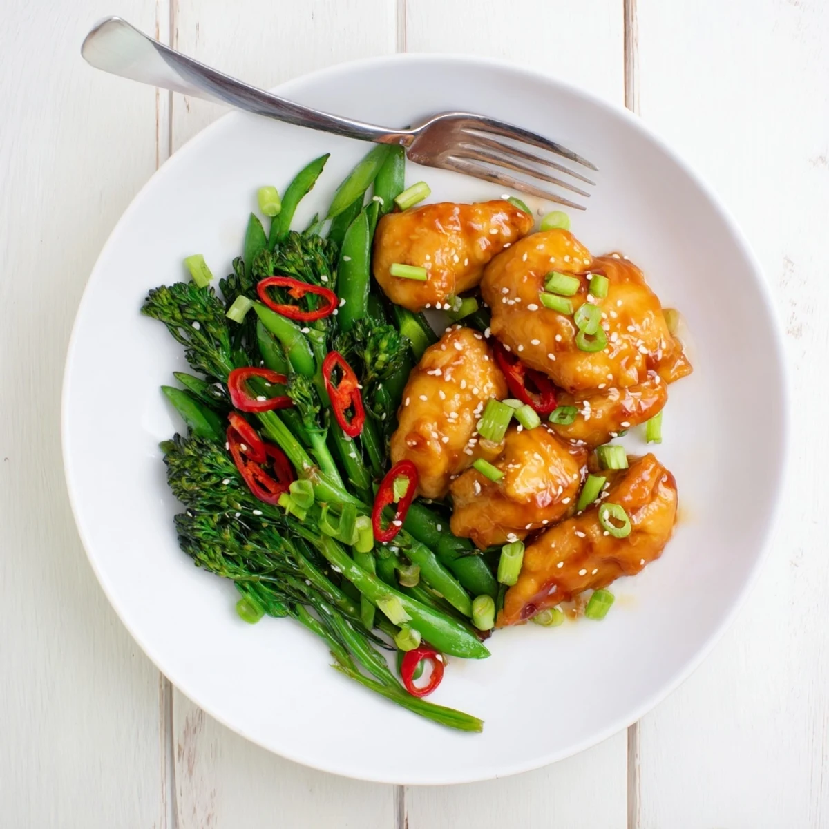 Golden chicken glazed in sweet orange sauce atop vibrant chili-spiced stir-fried greens