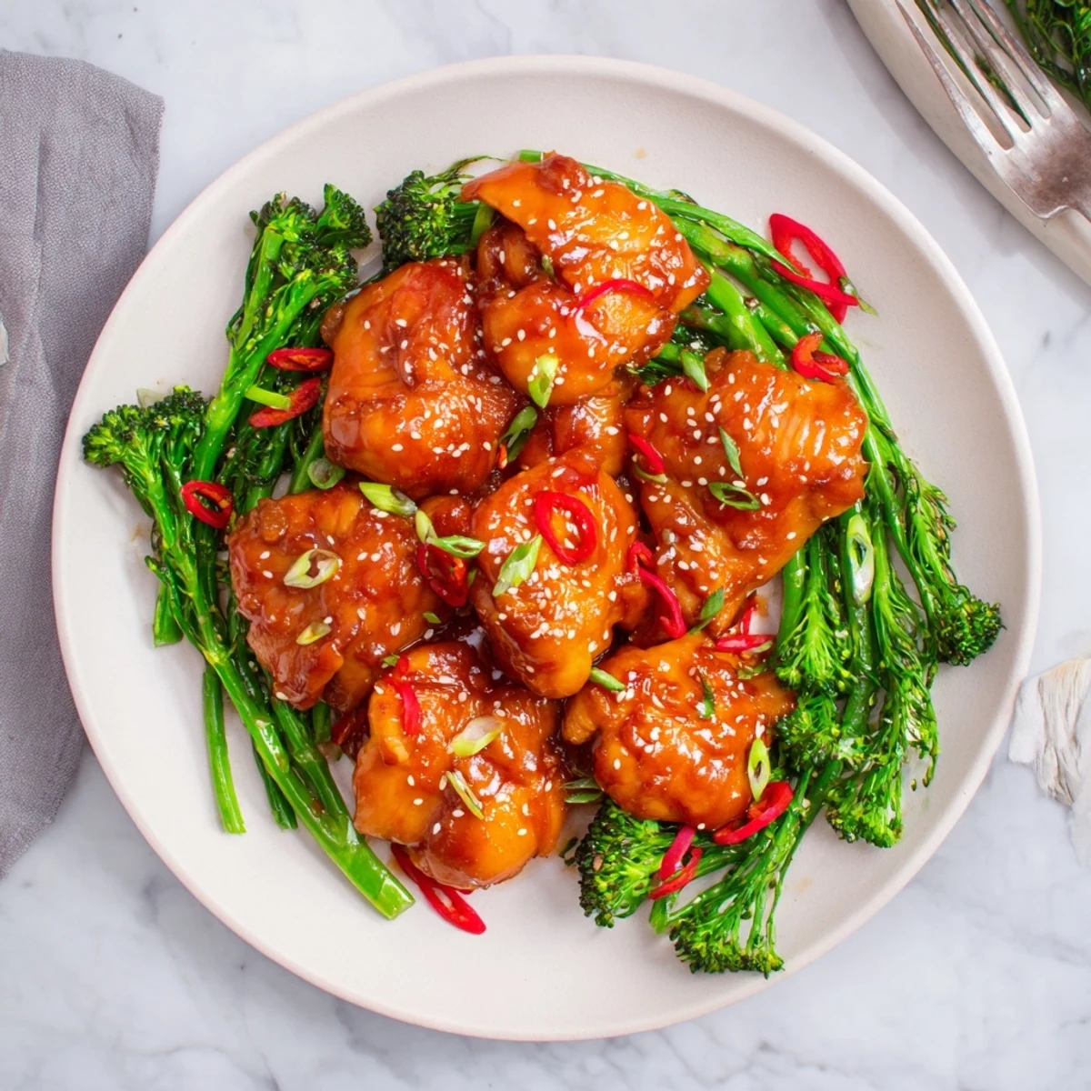Succulent orange chicken thighs with sticky citrus glaze served over crisp spicy vegetables