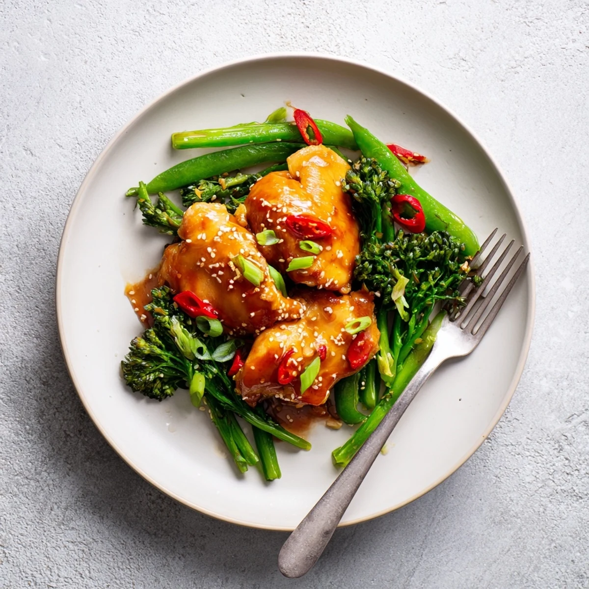 Fusion stir-fry featuring tender honey-orange chicken with tenderstem broccoli and zesty chili