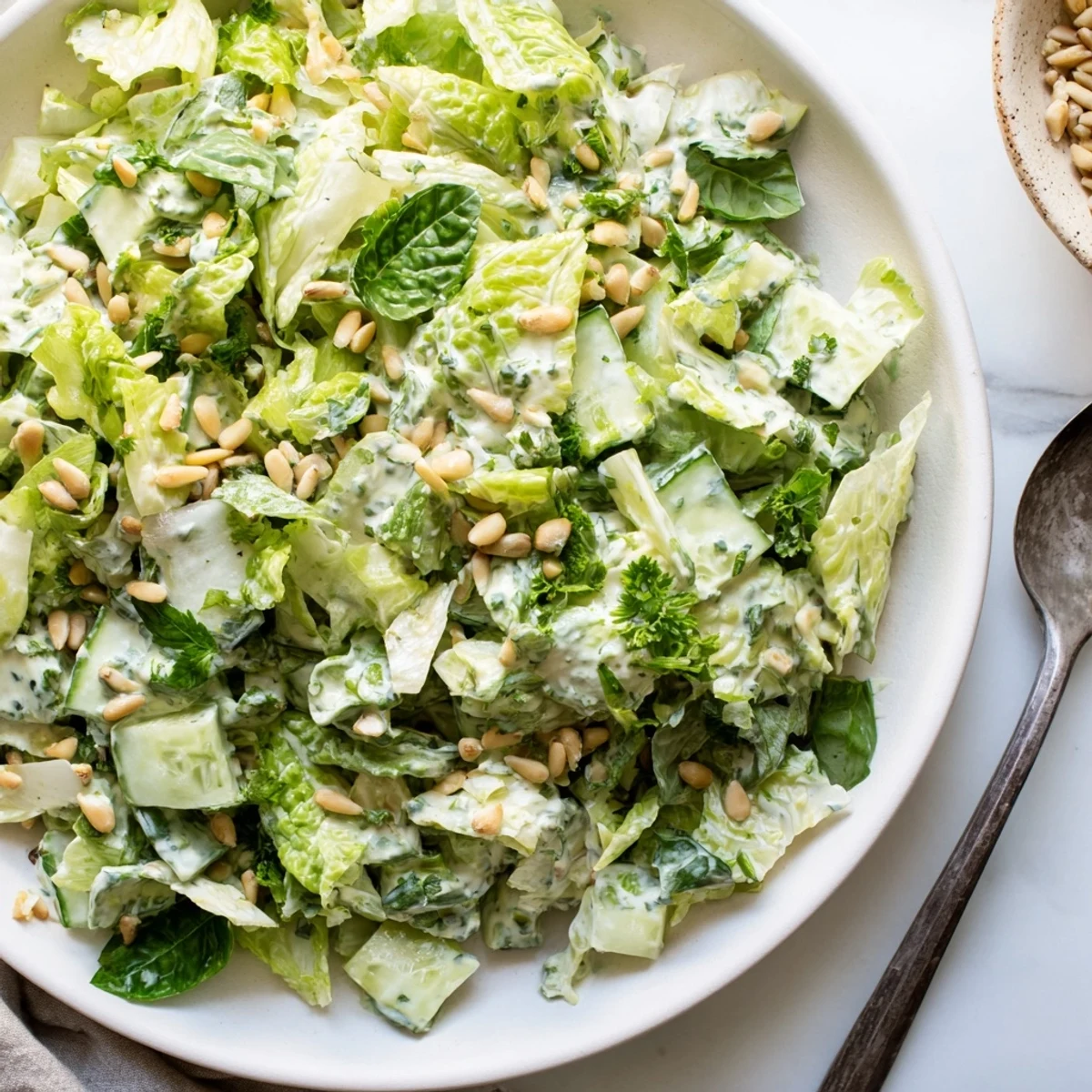 Vibrant green goddess salad bowl with crisp vegetables and creamy herby dressing drizzled over fresh chopped lettuce cabbage and cucumber