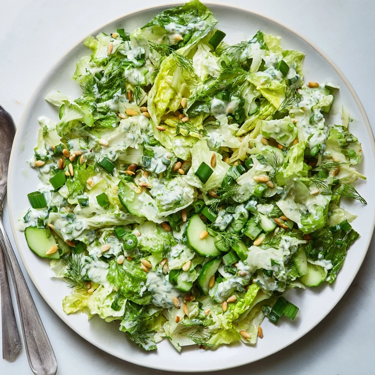 Fresh green goddess salad featuring crunchy colorful vegetables topped with roasted seeds and tangy herb dressing in a white serving bowl