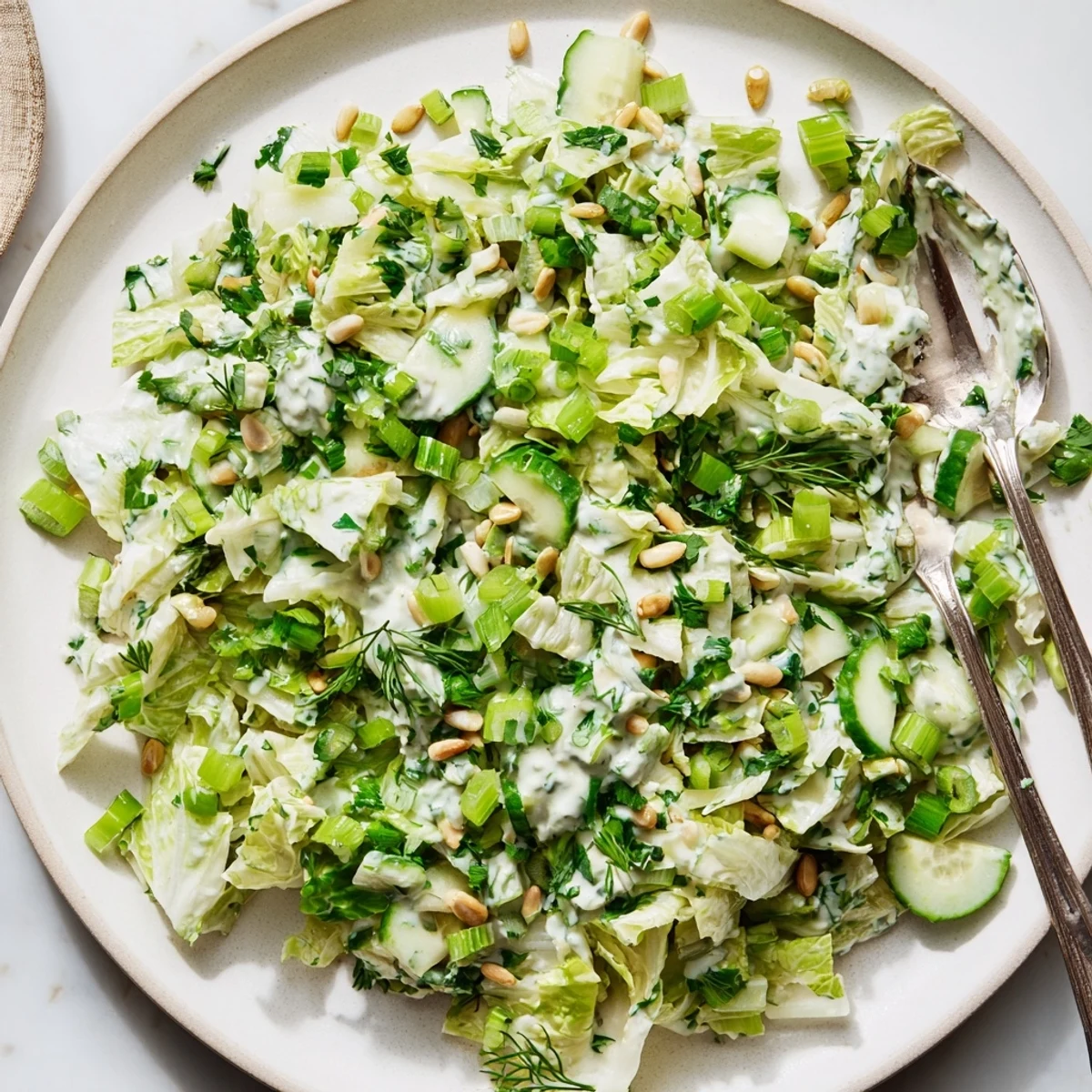 Colorful green goddess salad with creamy yogurt dressing fresh herbs crisp cucumbers and crunchy sunflower seeds for a light refreshing meal