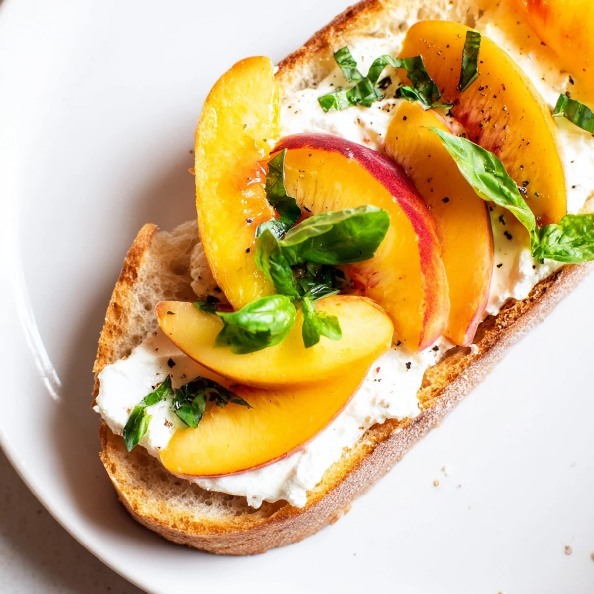 Golden peach bruschetta with creamy whipped ricotta atop crispy toasted baguette slices