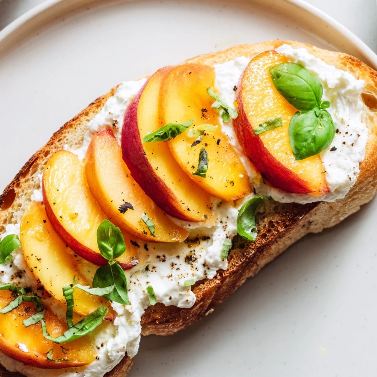 Fresh peach bruschetta featuring sweet fruit, fluffy ricotta spread, and herb garnish on bread