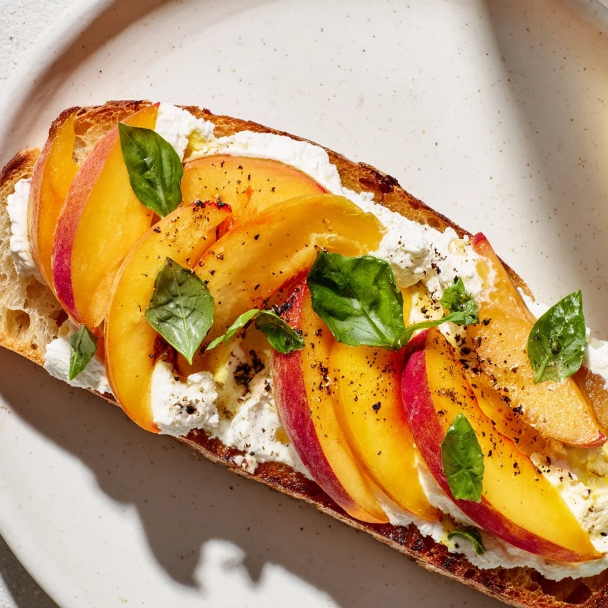 Summer peach bruschetta stacked with ripe slices, whipped ricotta, and fresh basil on toast