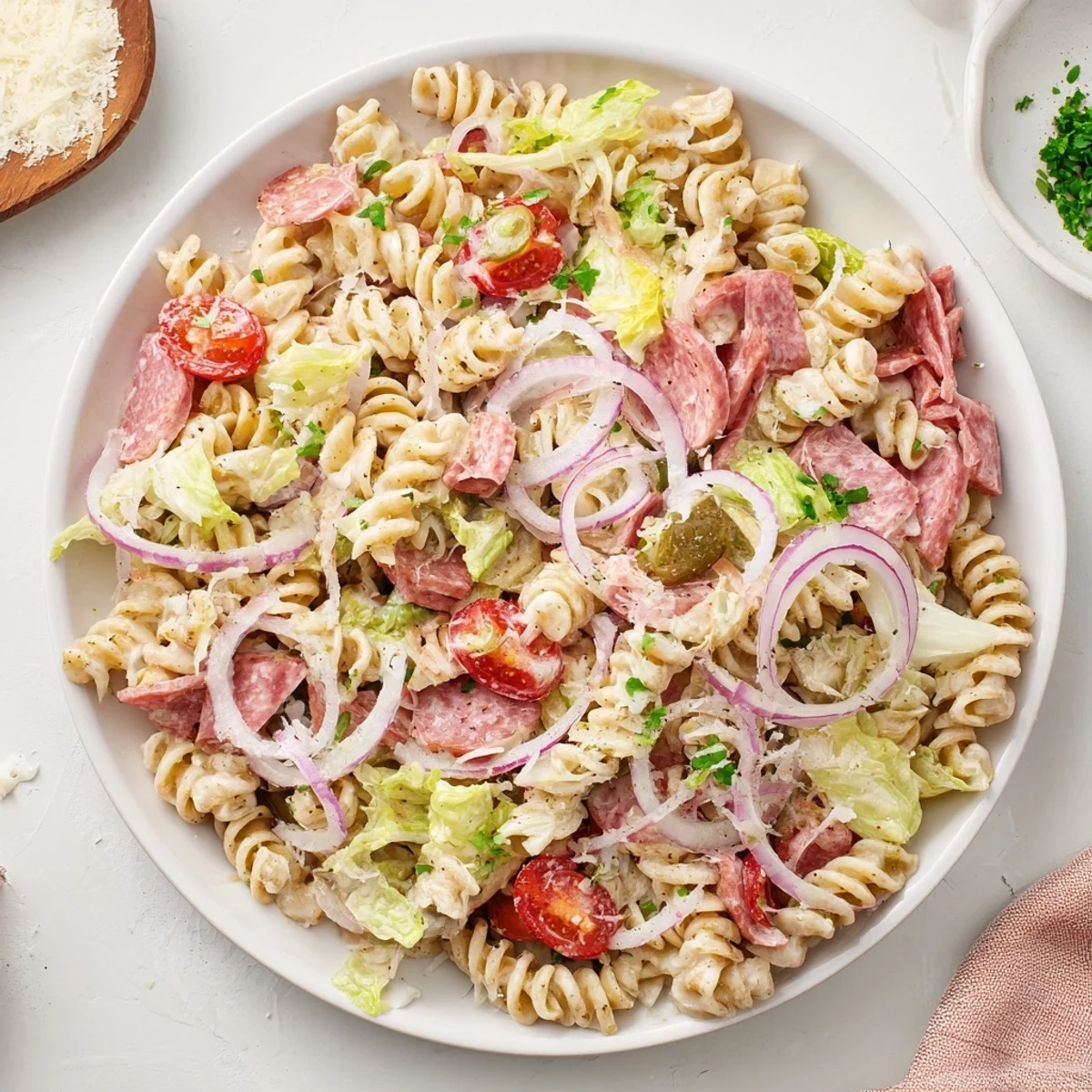 Colorful Italian grinder pasta salad featuring rotini tossed with salami, ham, provolone cheese and crisp vegetables