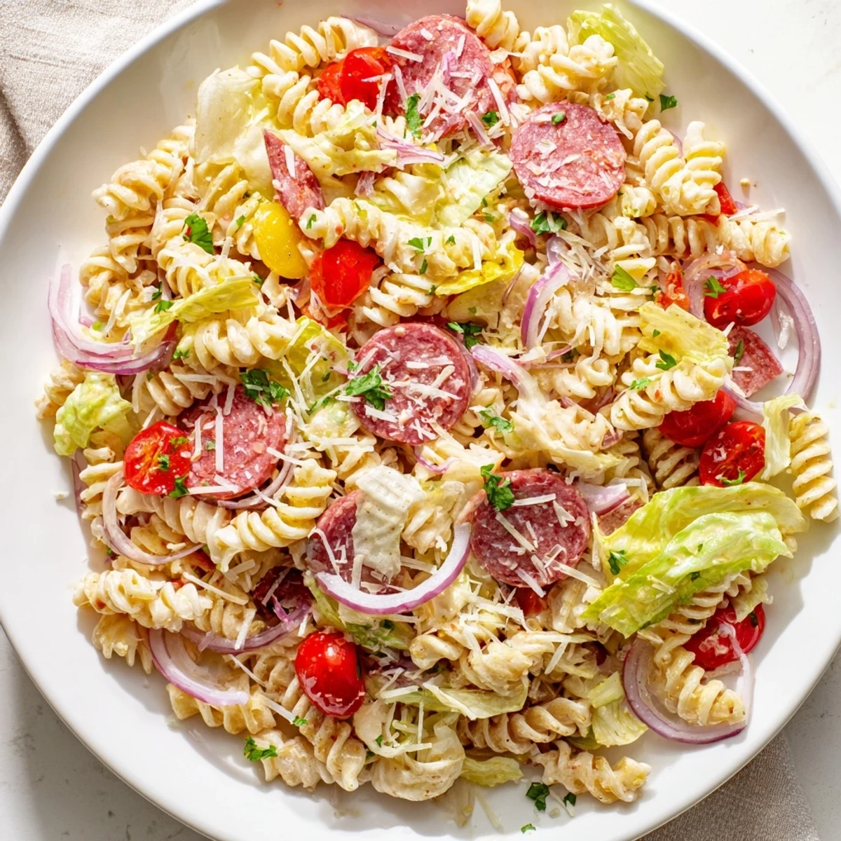 Hearty Italian grinder pasta salad loaded with cured meats, cherry tomatoes and tangy pepperoncini peppers in creamy dressing