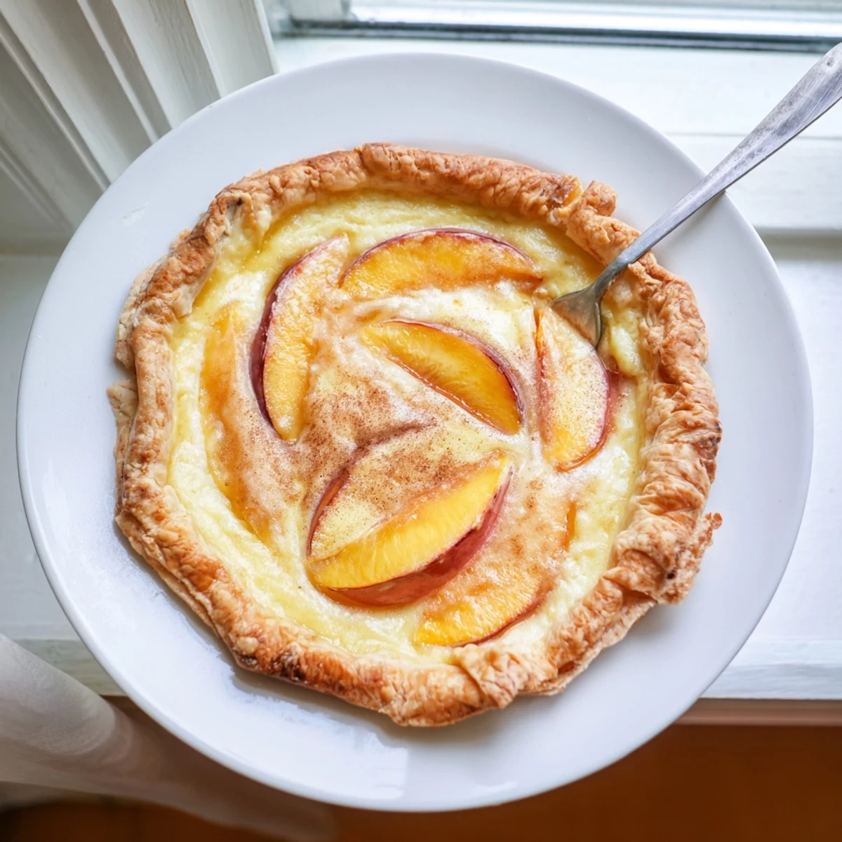Golden peach custard pie with fresh slices nestled in silky vanilla custard filling