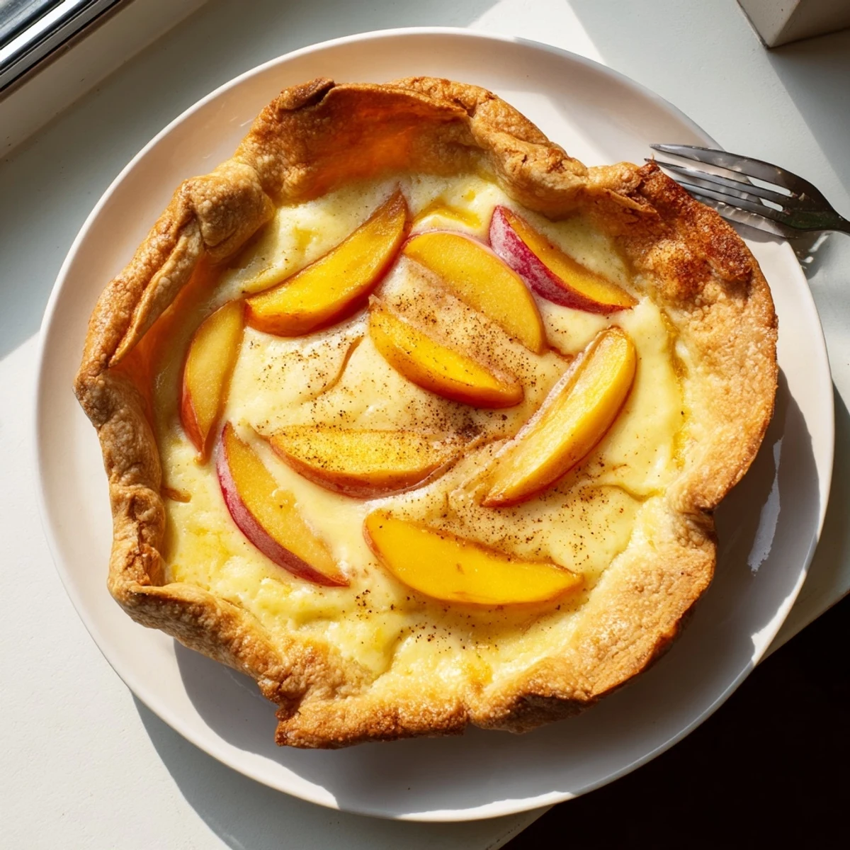 Flaky baked peach custard pie topped with nutmeg and cooling on wire rack