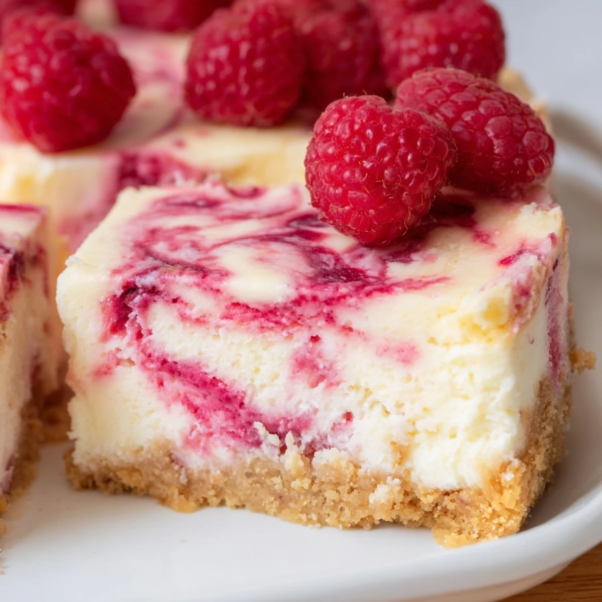 Creamy raspberry cheesecake slice topped with fresh berries on a white dessert plate
