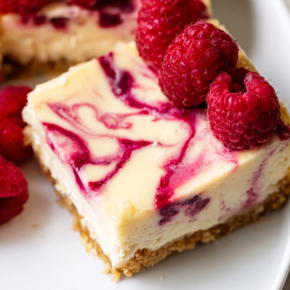 Velvety raspberry cheesecake with graham cracker crust served with whipped cream