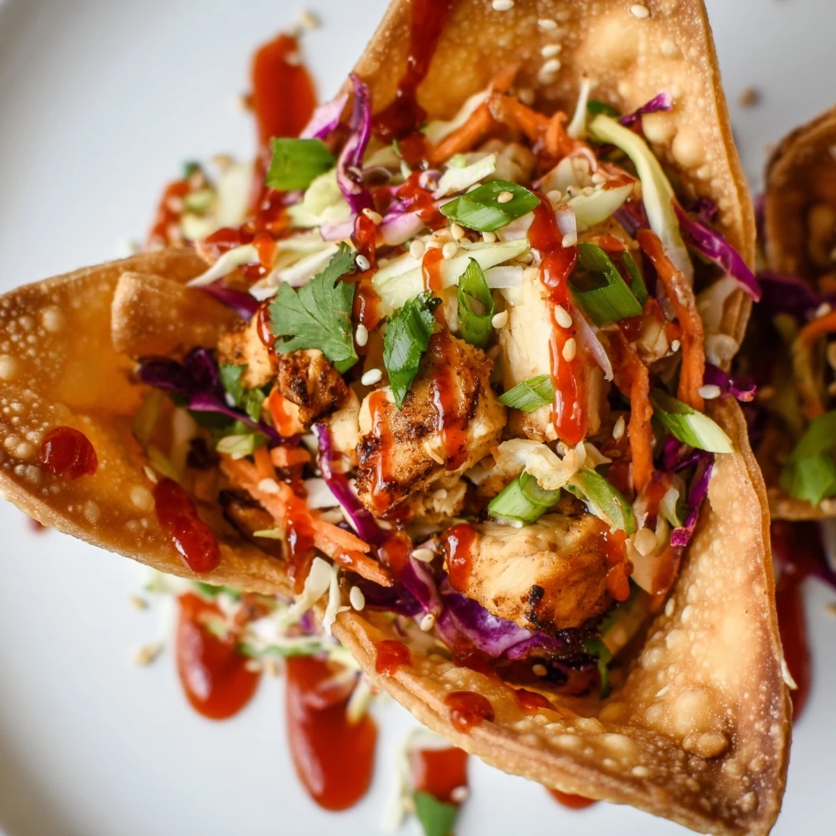 Crispy wonton taco shells stuffed with marinated chicken, fresh vegetables, and sweet chili glaze