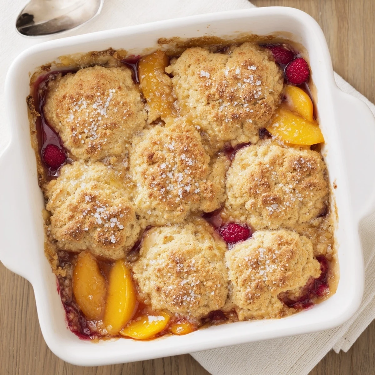 Golden peach raspberry cobbler with buttery biscuit topping bubbling in a baking dish