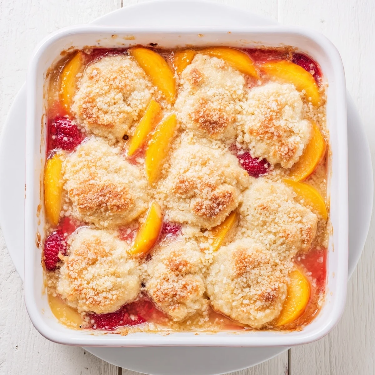 Fresh baked peach raspberry cobbler featuring golden biscuit crust over juicy red fruit filling