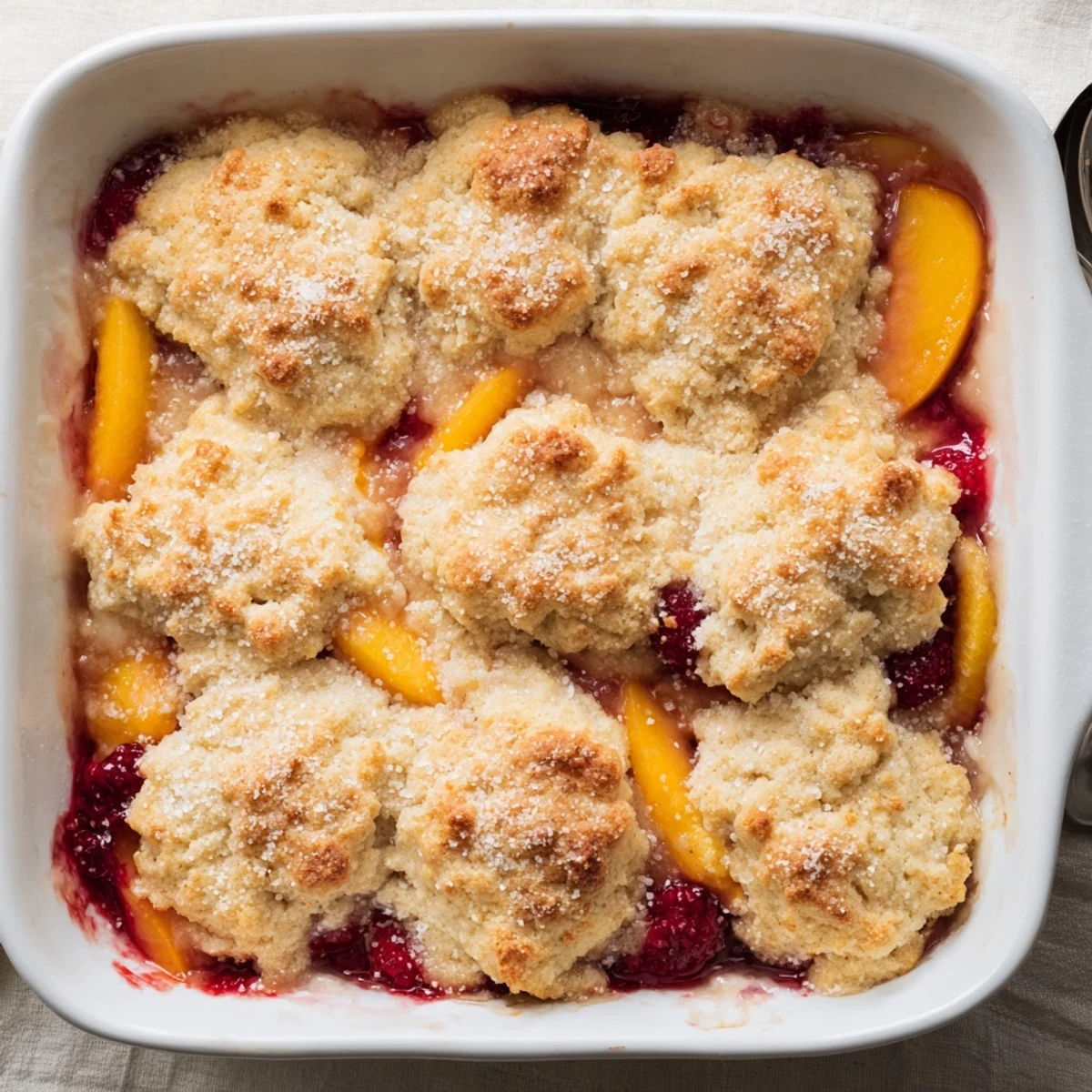 Warm peach and raspberry cobbler topped with scoops of creamy vanilla ice cream