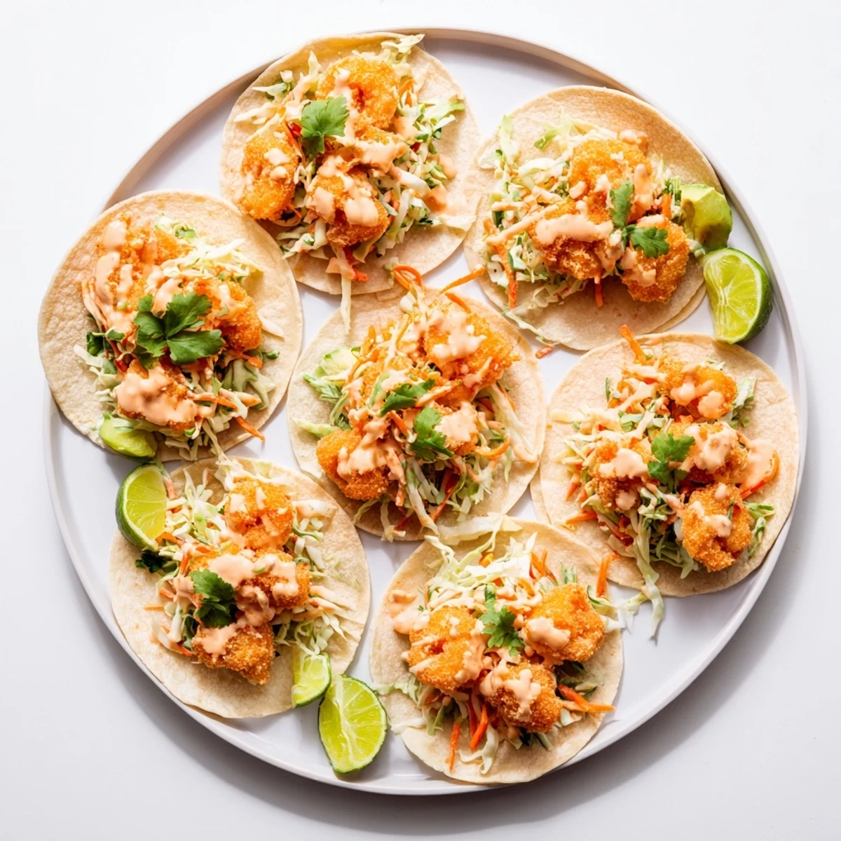 Golden crispy Bang Bang shrimp tacos topped with colorful cabbage slaw and creamy sauce