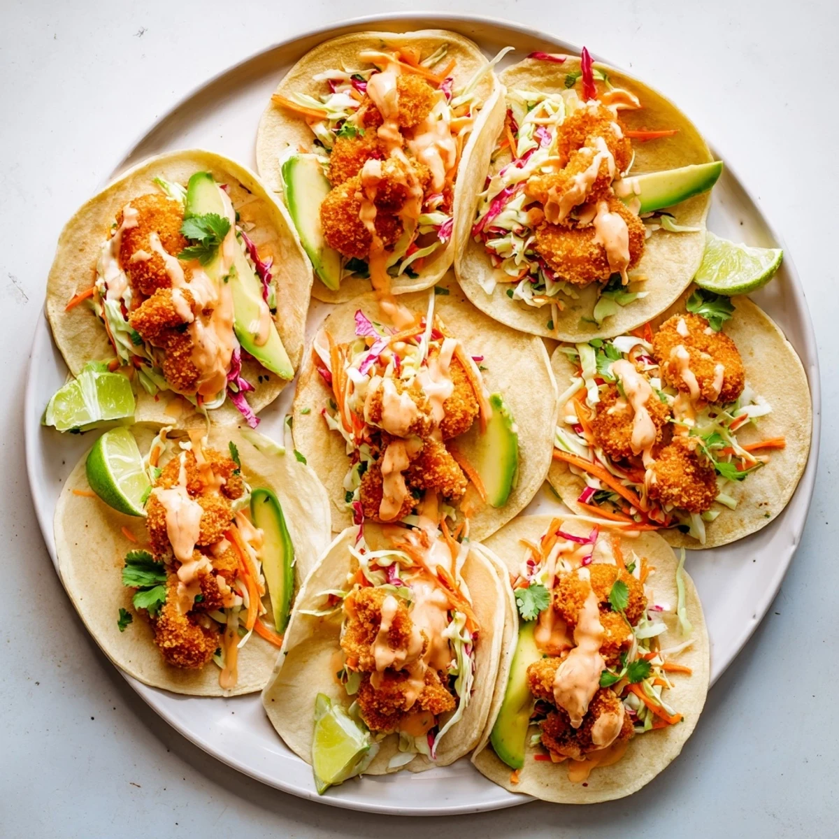 Homemade Bang Bang shrimp tacos featuring crunchy panko fried shrimp and tangy slaw