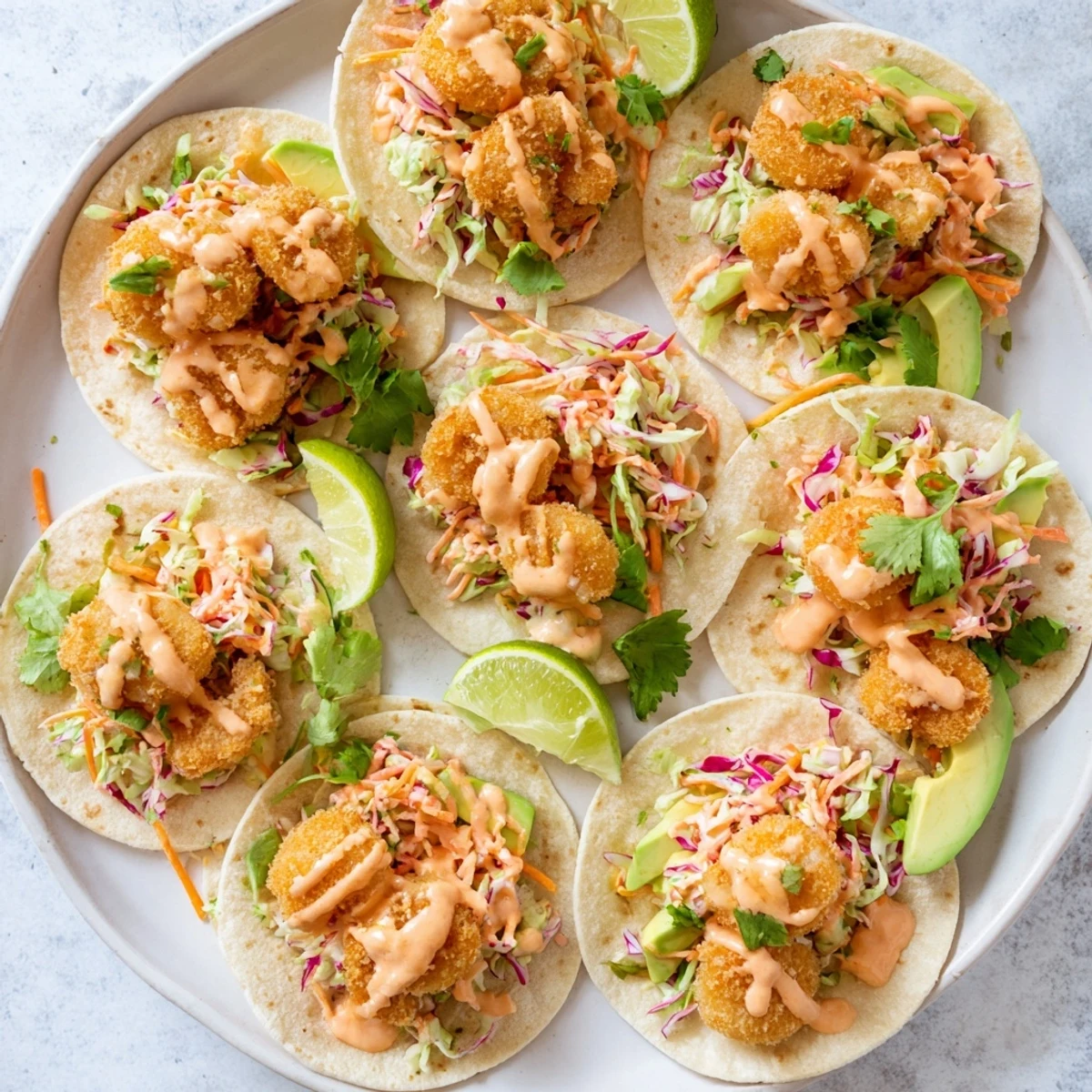Spicy Bang Bang shrimp tacos loaded with fresh avocado and zesty lime wedges