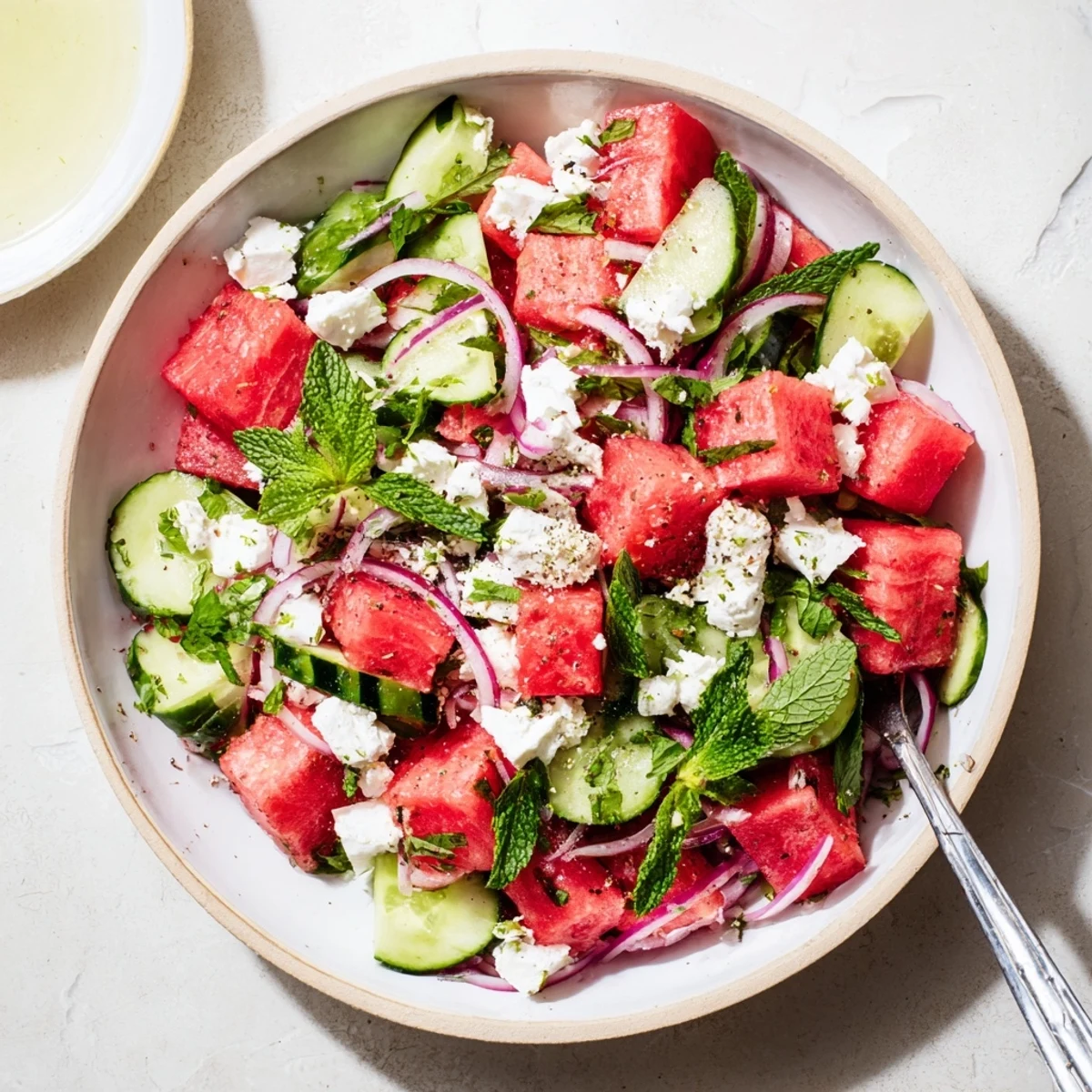 Mediterranean watermelon feta salad arranged on a white plate, drizzled with olive oil and lime dressing