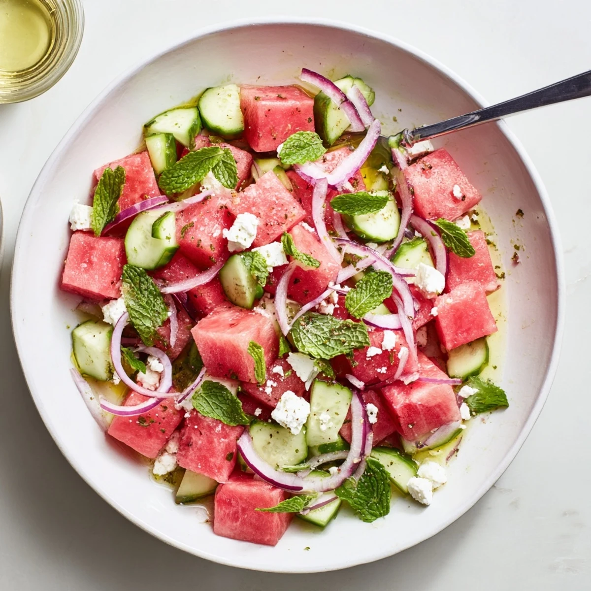 Summer watermelon feta salad featuring crisp produce layers, creamy feta crumbles, and vibrant green mint garnish