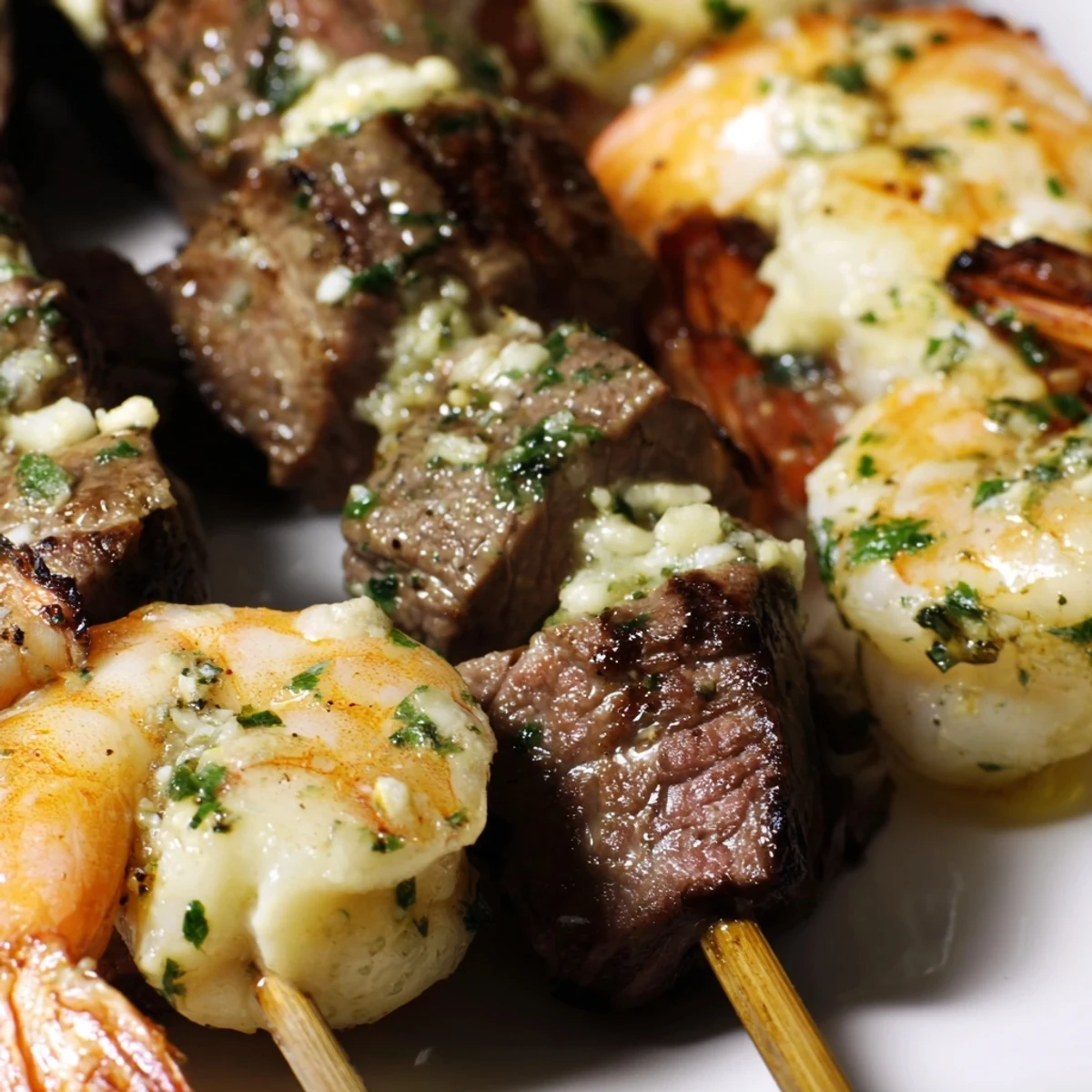 Golden grilled steak and shrimp skewers drizzled with rich melted garlic butter sauce