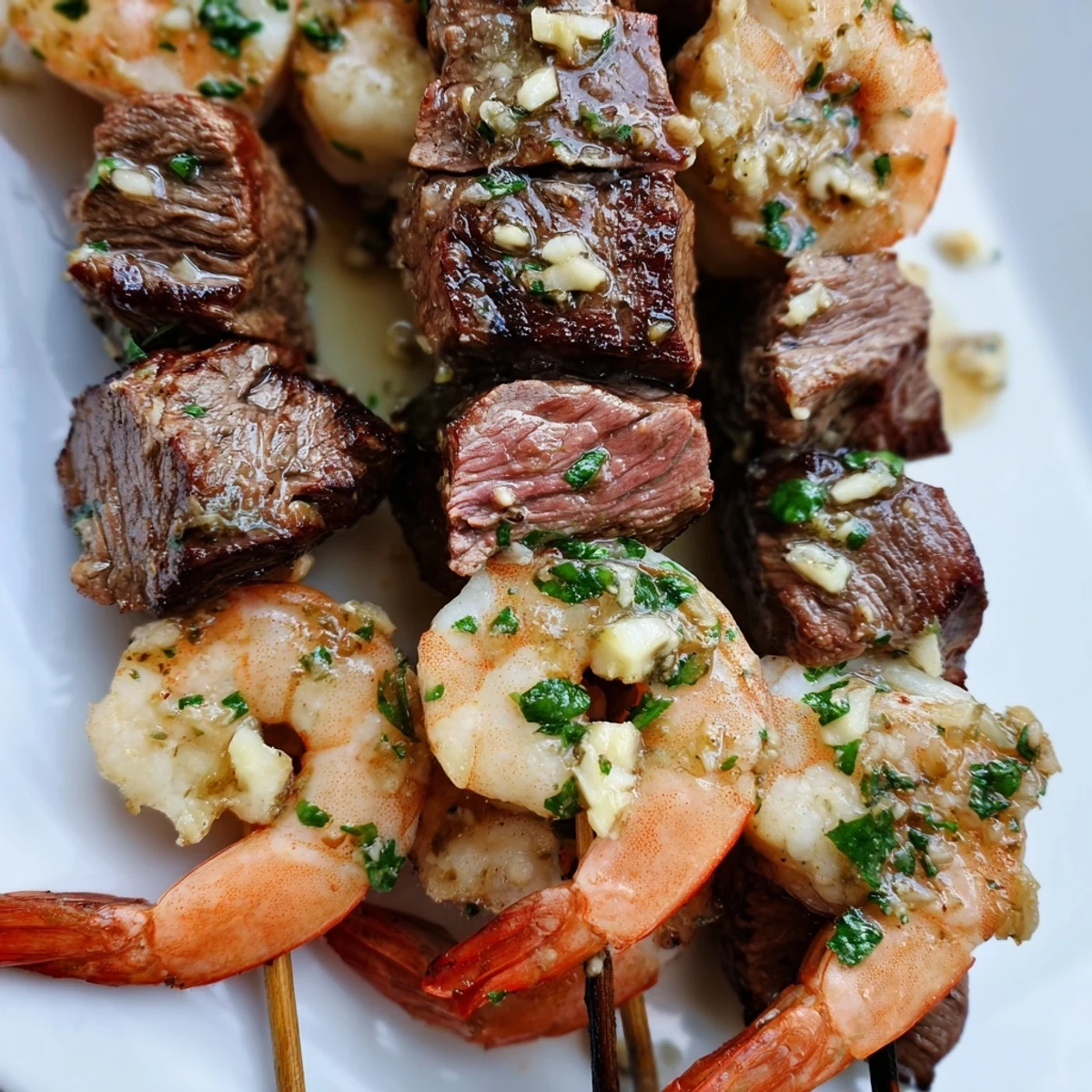 Perfectly charred steak and shrimp skewers brushed with savory garlic butter and fresh parsley