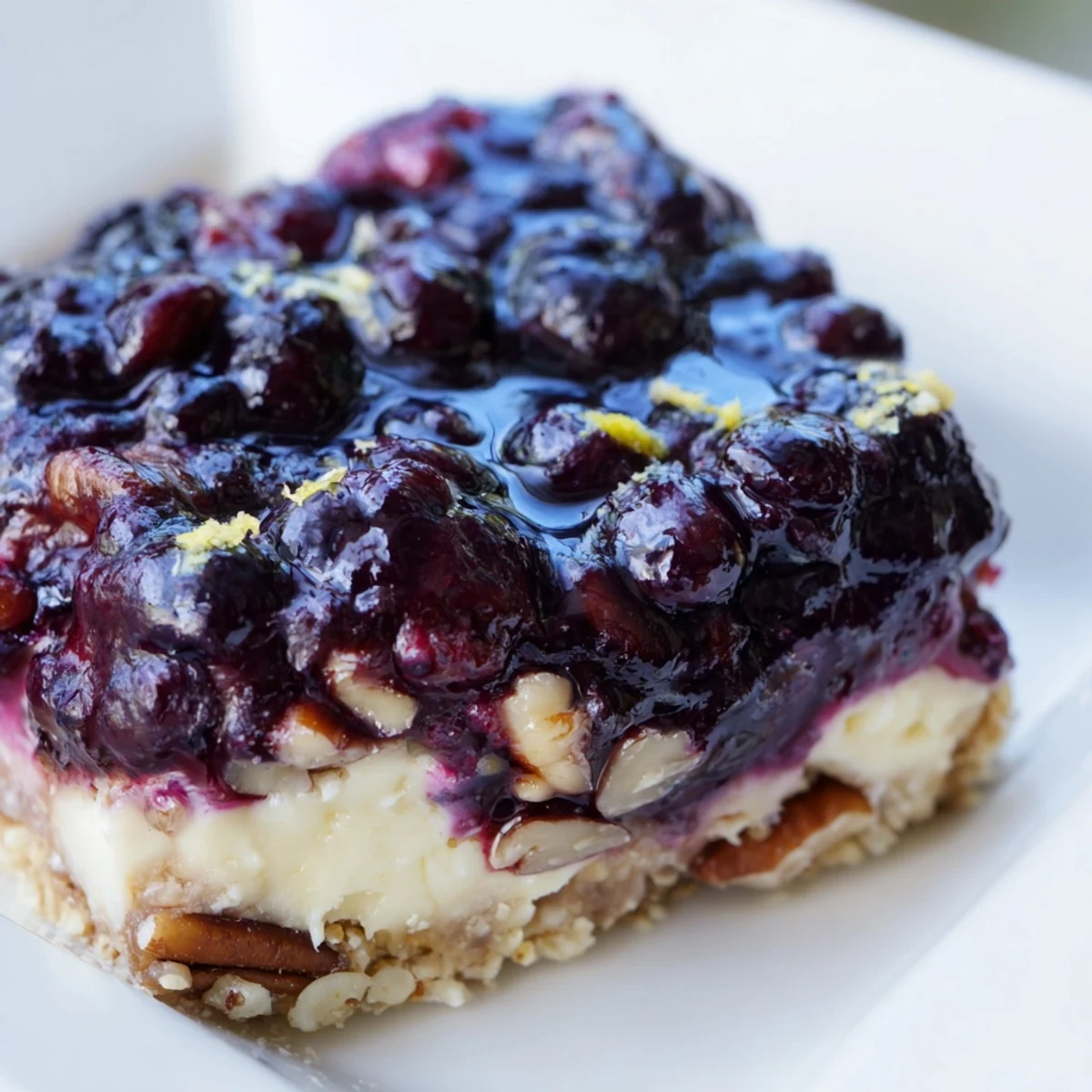 Layered blueberry jamboree dessert with creamy cheesecake filling and sweet-tart blueberry topping on golden pecan crust