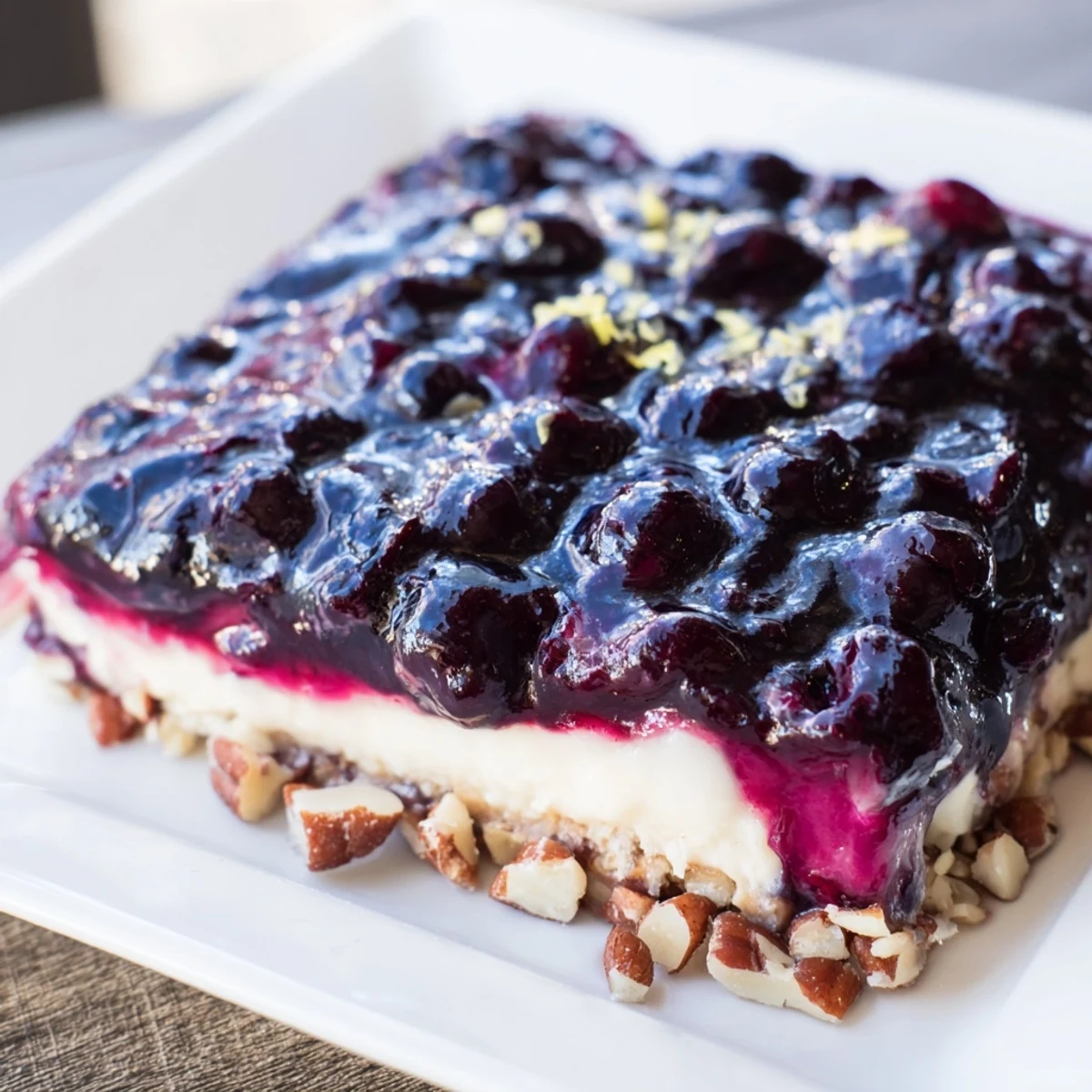Sweet and tangy blueberry jamboree bars with luscious fruit topping and fluffy cheesecake filling on pecan shortbread base
