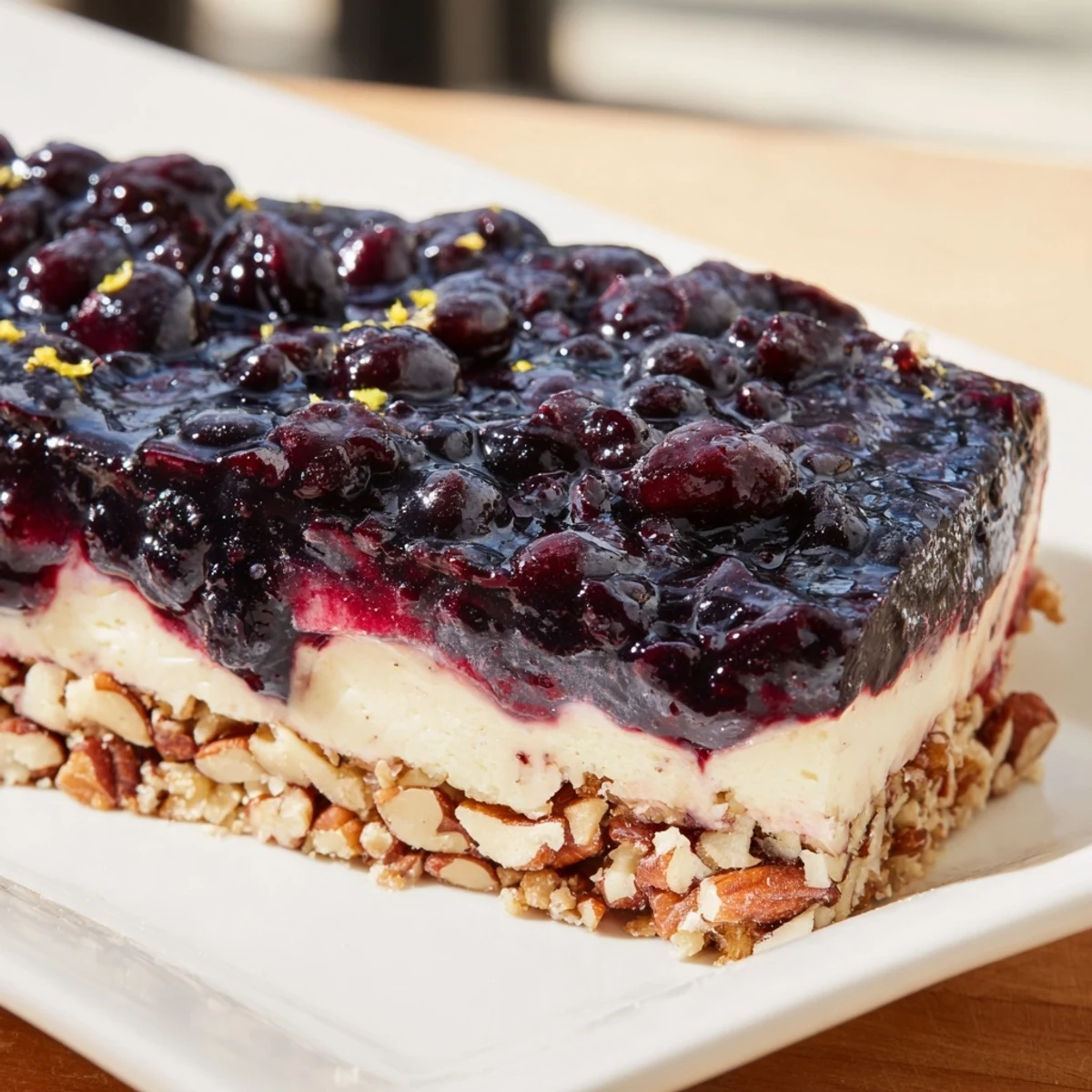 Festive blueberry jamboree squares featuring glossy berry topping over rich cream cheese layer in a buttery nut crust