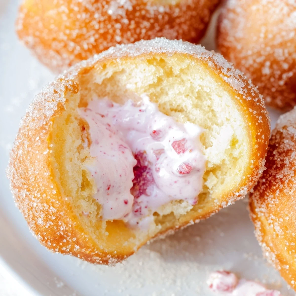 Golden strawberry cream filled doughnuts with sweet pink center peeking through fluffy fried dough