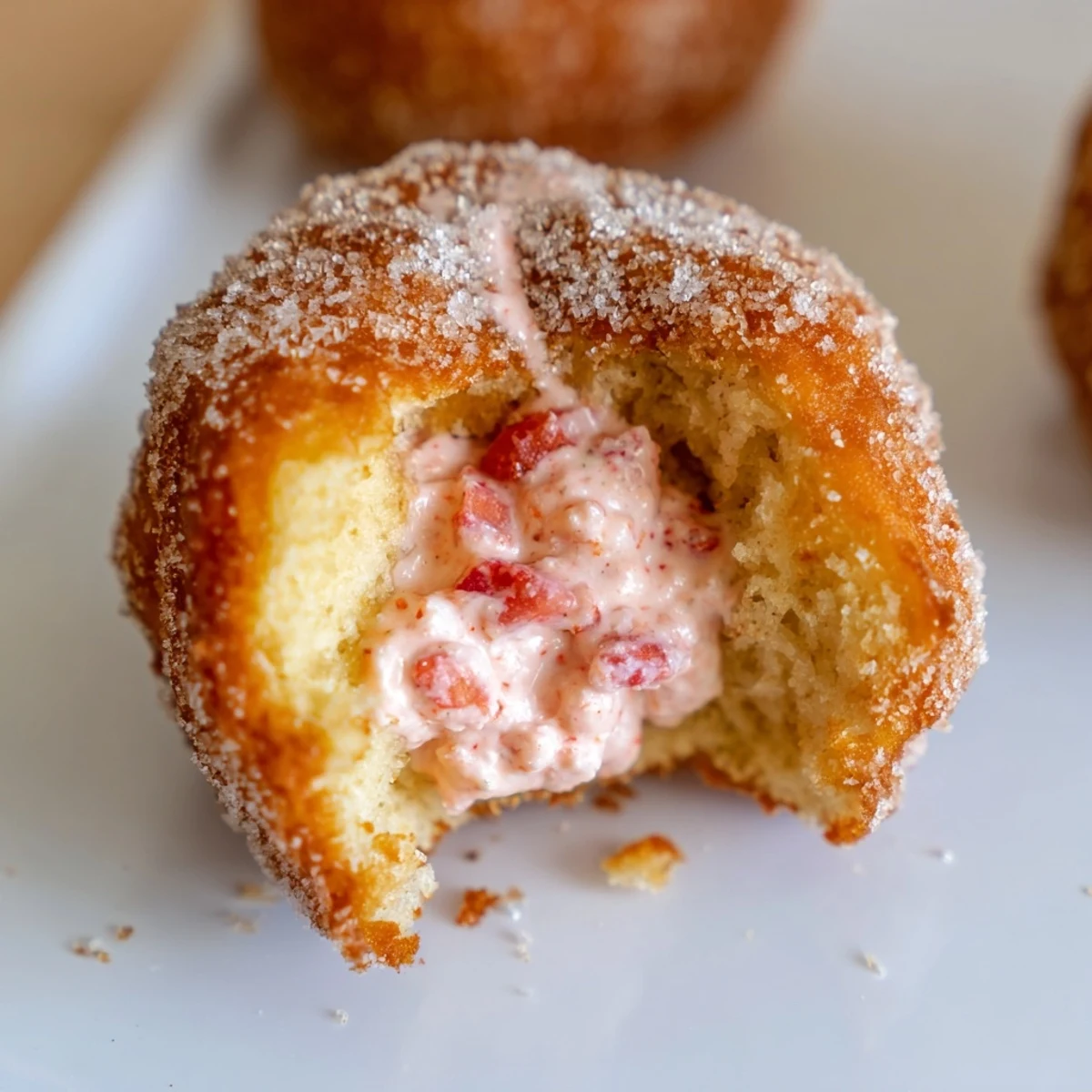 Fresh strawberry cream filled doughnuts coated in white sugar on a white serving plate